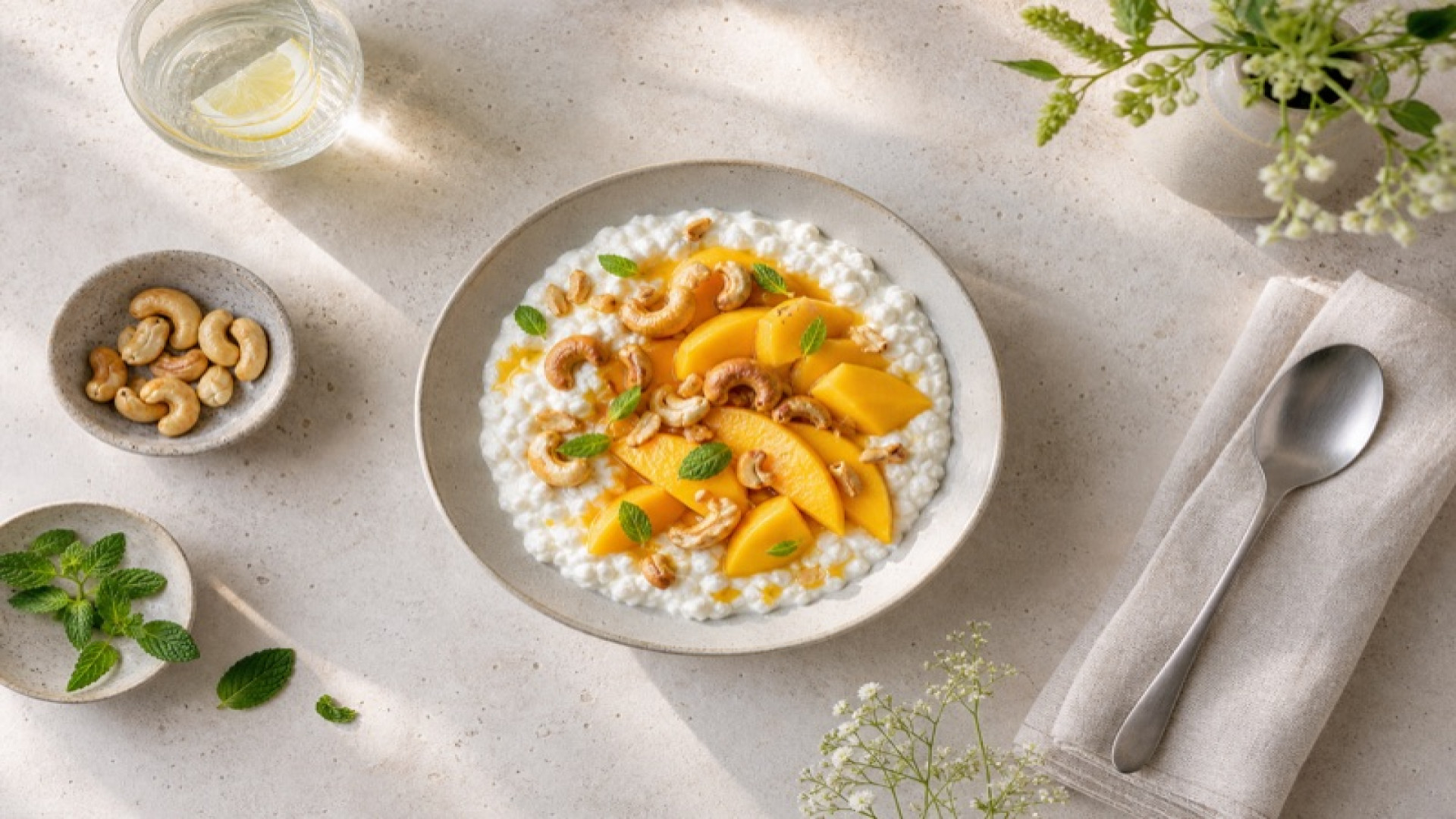 Quark-Bowl mit Mango und gerösteten Cashews