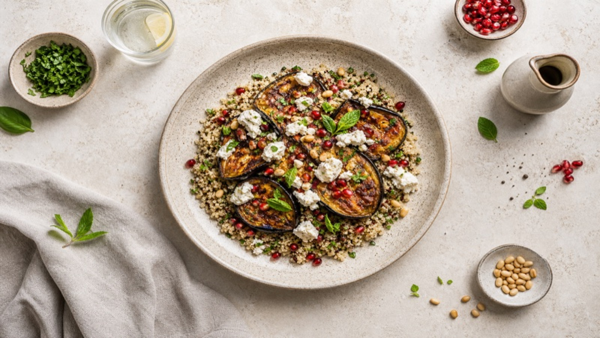 Quinoa-Bowl mit gebackener Aubergine und Ziegenkäse