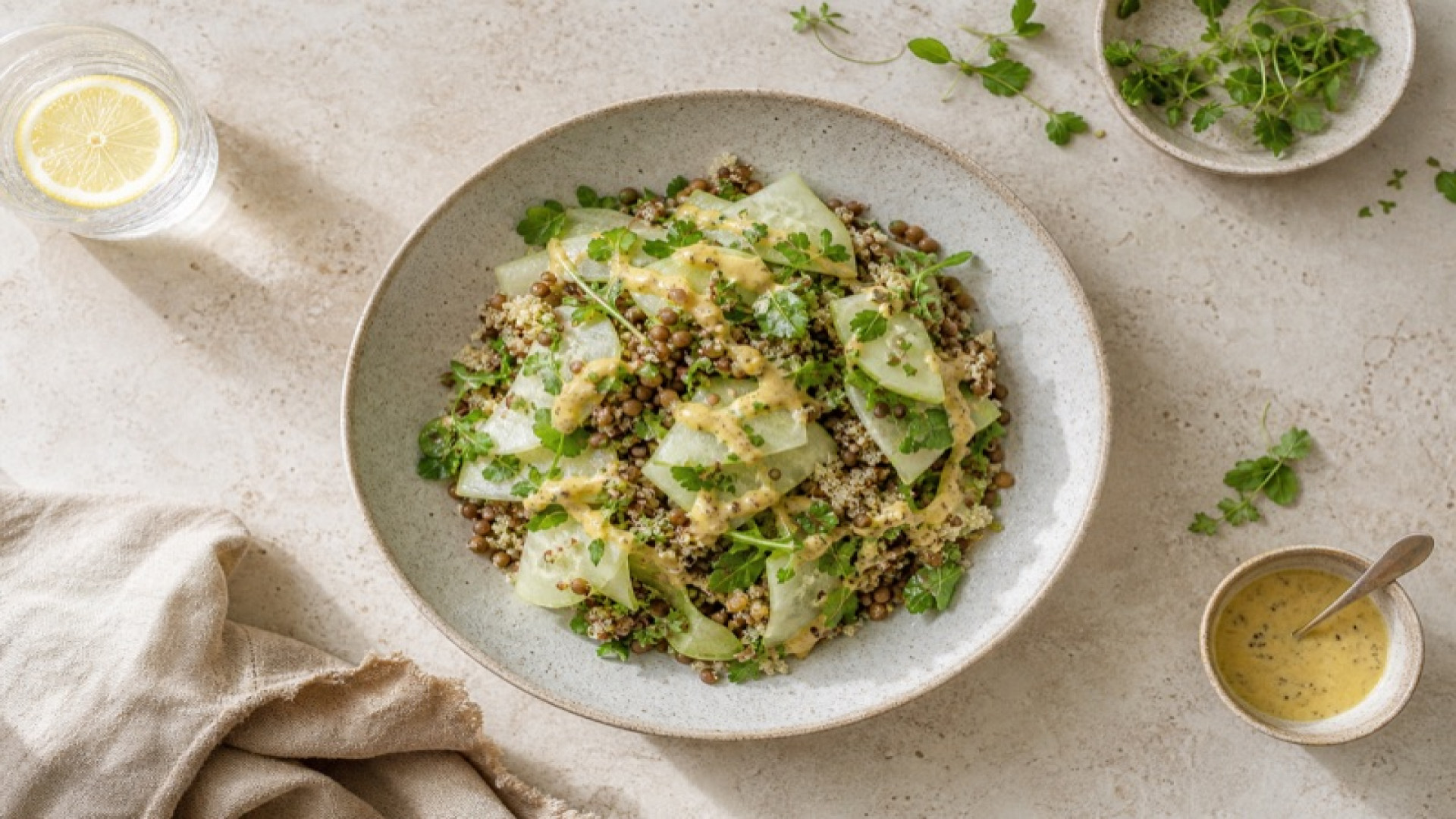 Quinoa-Linsen-Teller mit Kohlrabi und Senf-Dressing