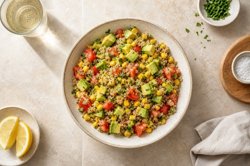 Quinoa mit Mais, Avocado und Tomate