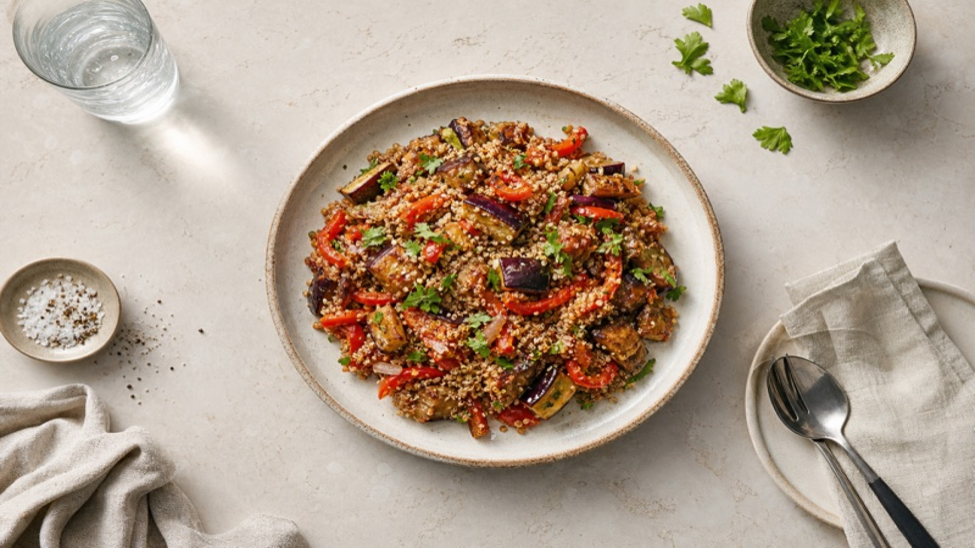 Quinoa-Pfanne mit Aubergine und Paprika