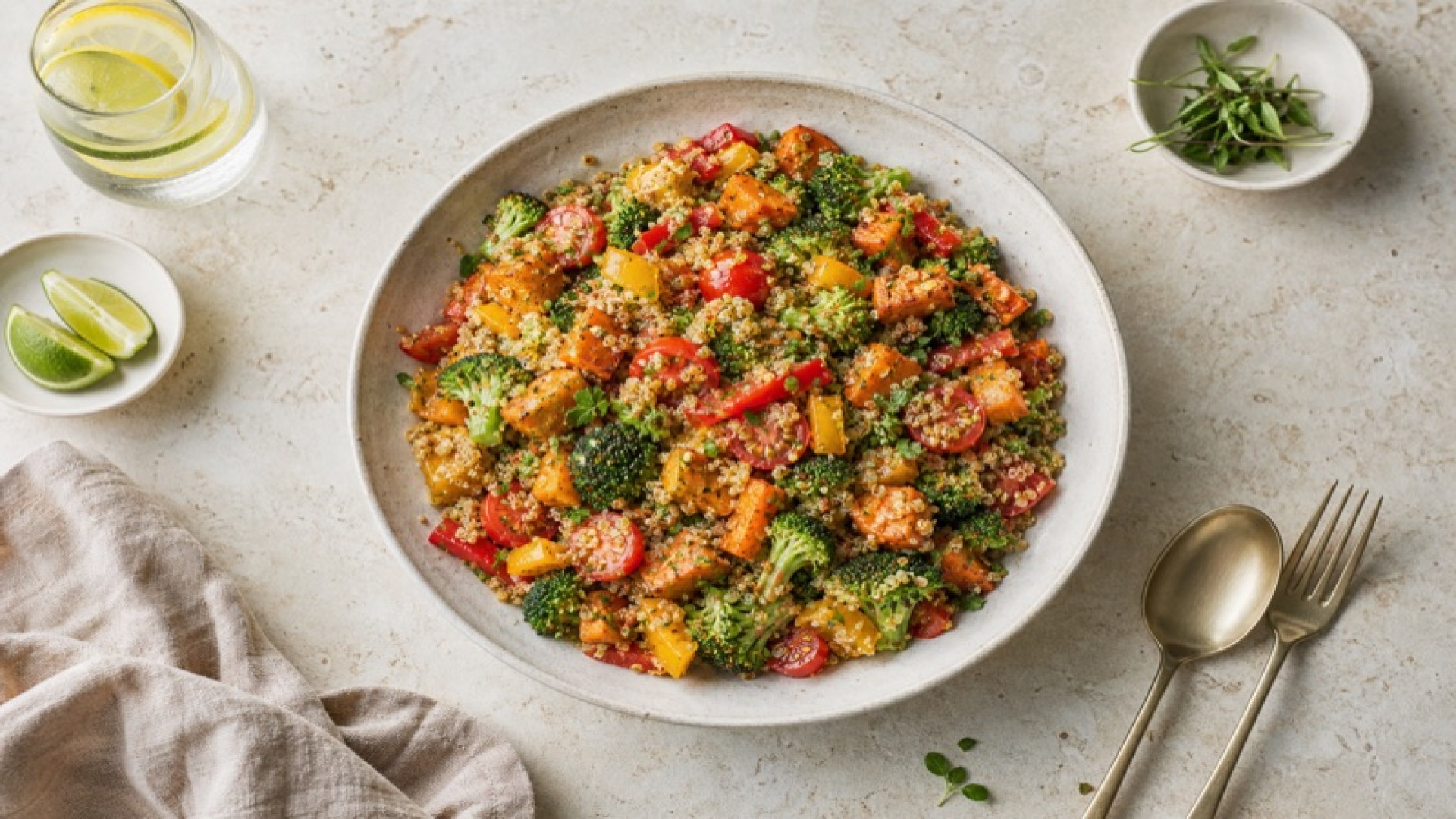 Quinoasalat mit Brokkoli, Süßkartoffeln und Tomaten