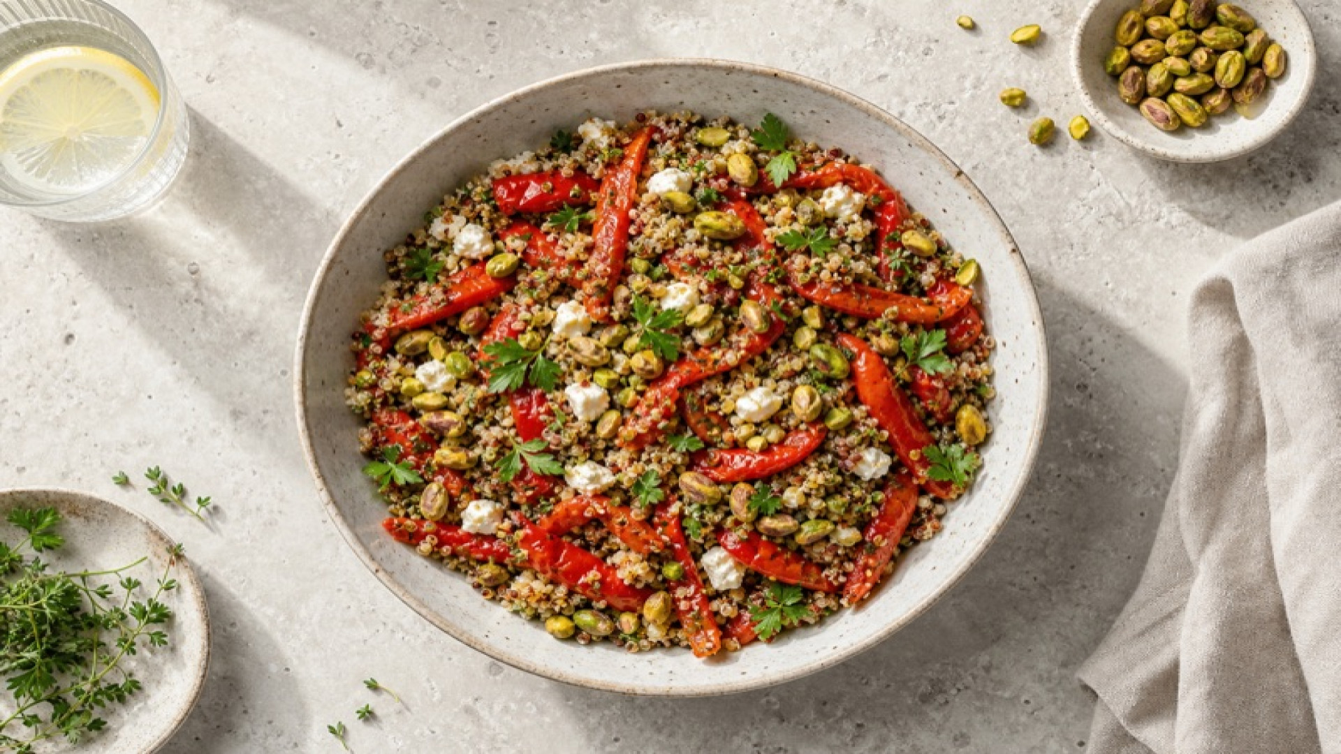 Quinoa-Salat mit gebackener Paprika und Pistazien