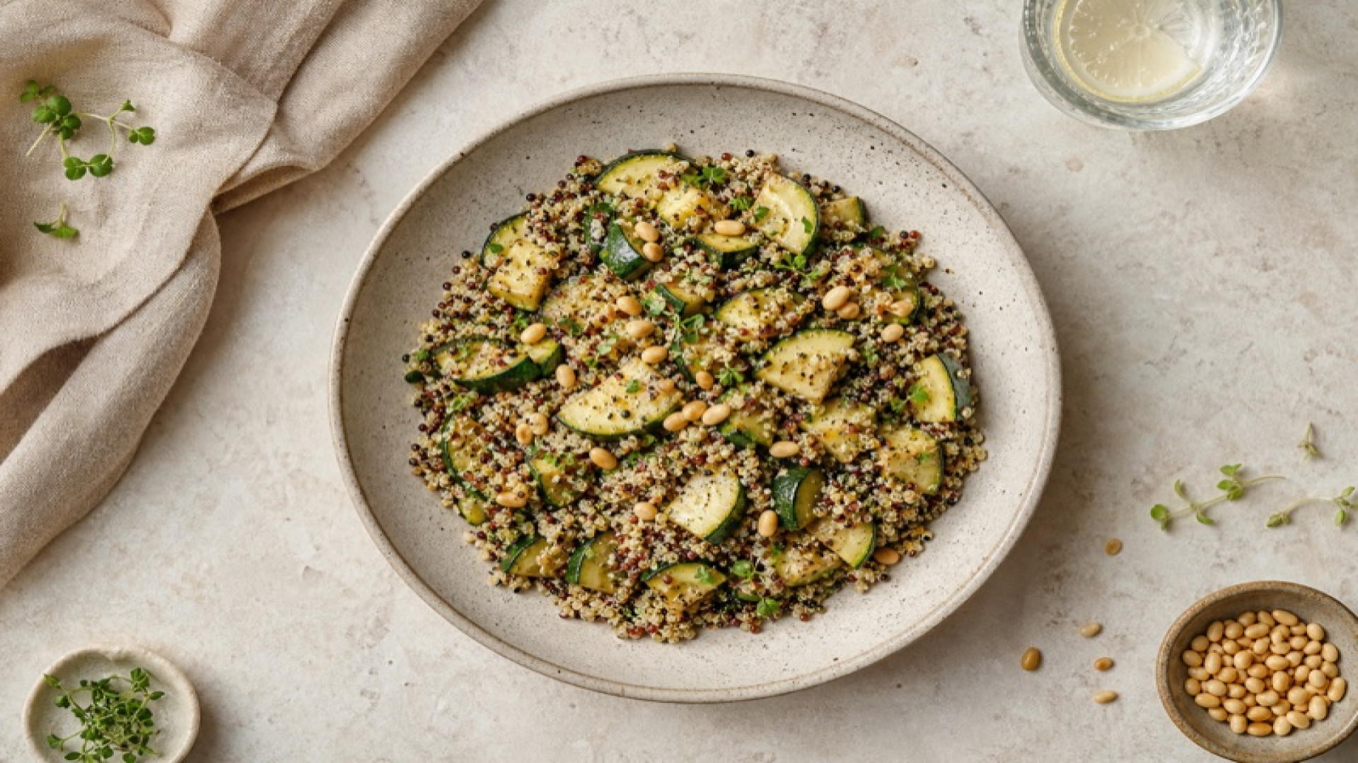 Quinoa-Tricolore mit geschmorter Zucchini und Pinienkernen