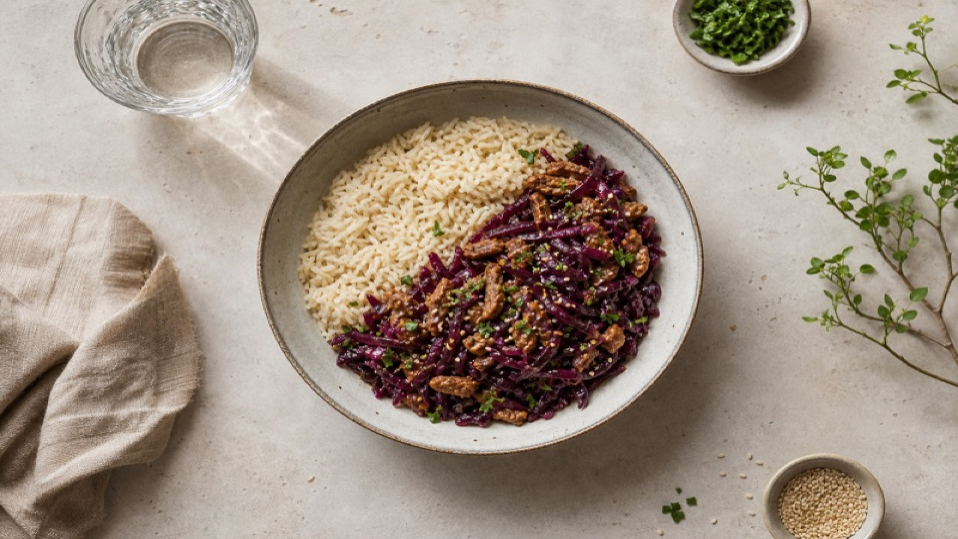 Reis-Bowl mit geschmortem Rotkohl und Sojaschnetzel
