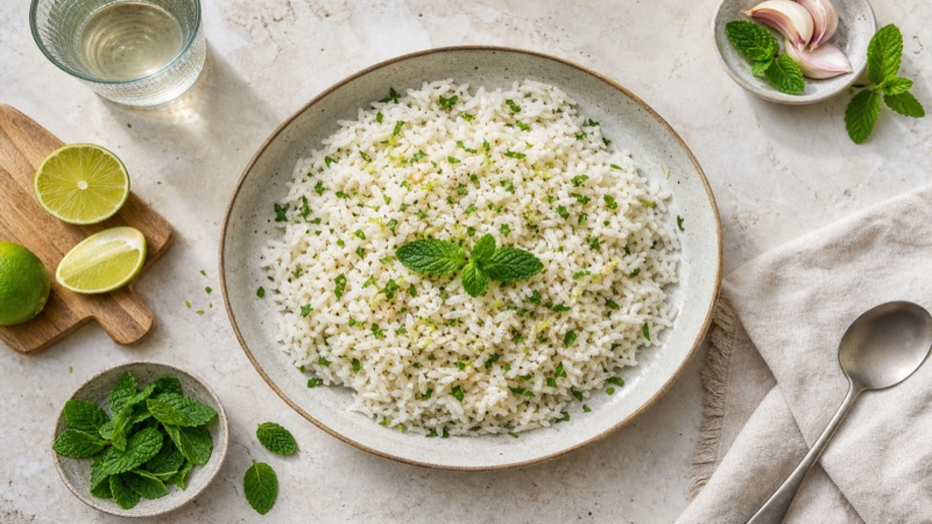 Reis mit Limette, Minze und Knoblauch