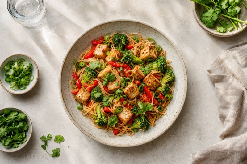 Reisnudeln mit Gemüse und Tofu