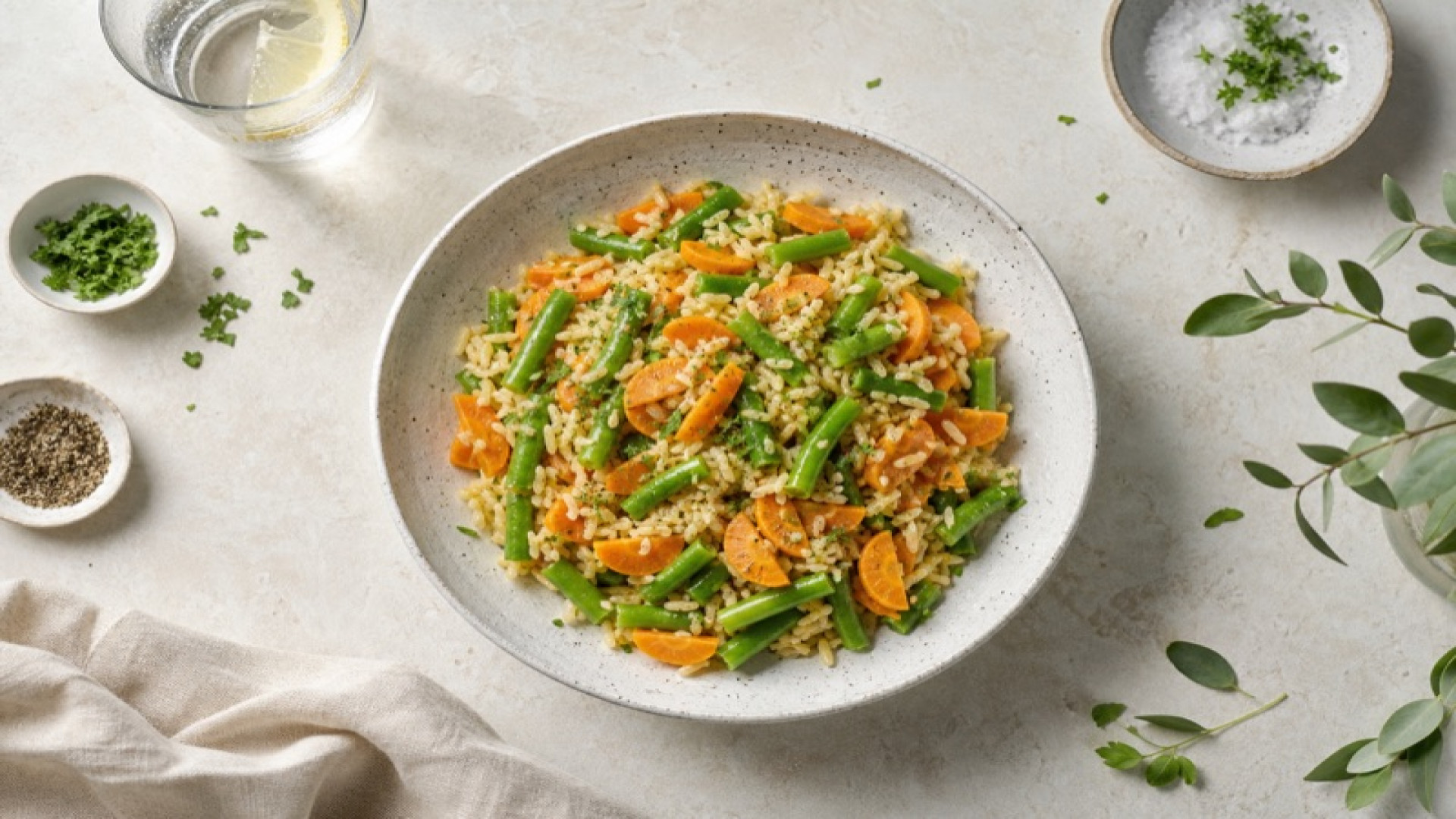 Reispfanne mit Karotte und grünen Bohnen (vegan)