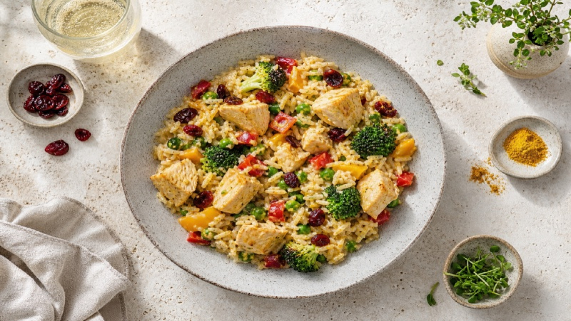 Reispfanne mit Pute, Erbsen und Cranberries