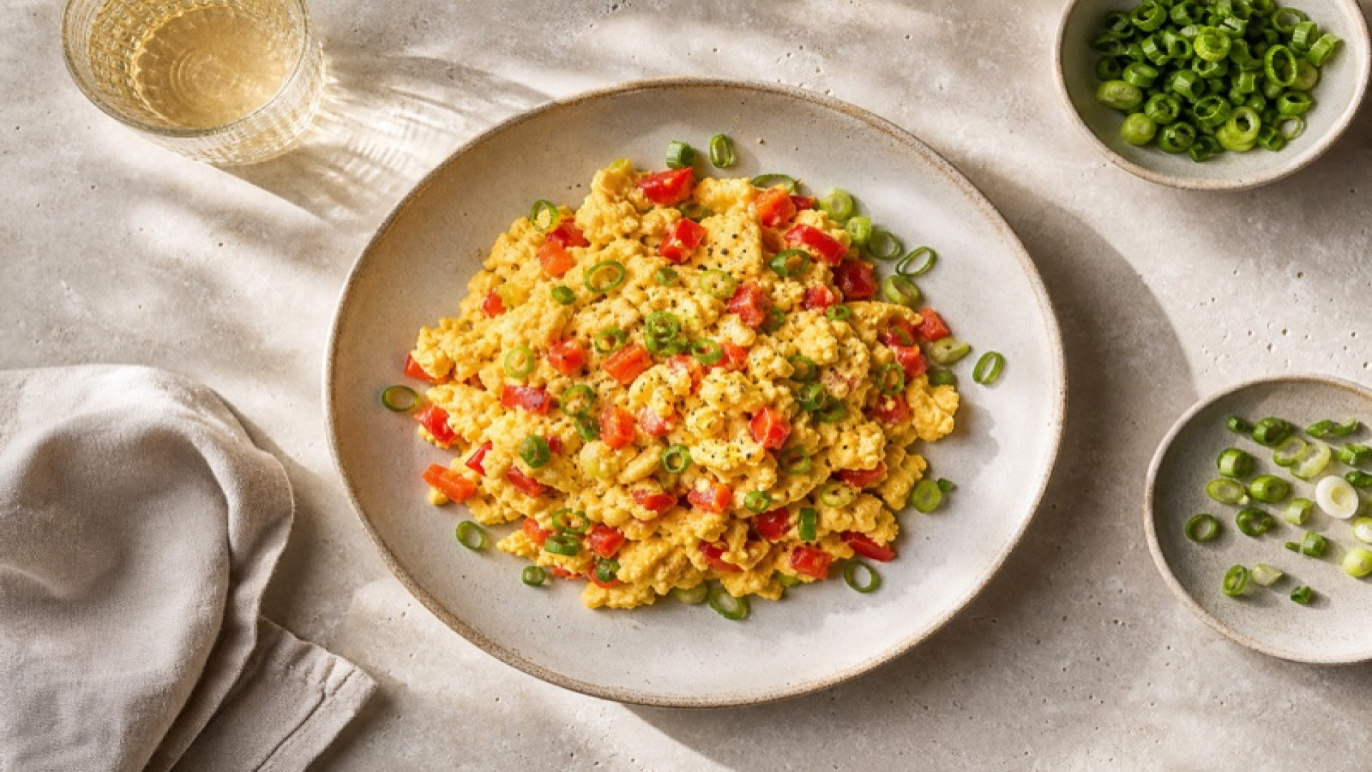 Rührei mit rotem Paprika und Frühlingszwiebeln