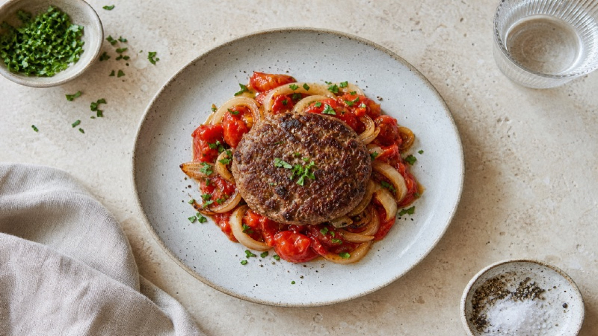 Rind-Frikadelle auf Tomate-Zwiebel-Bett