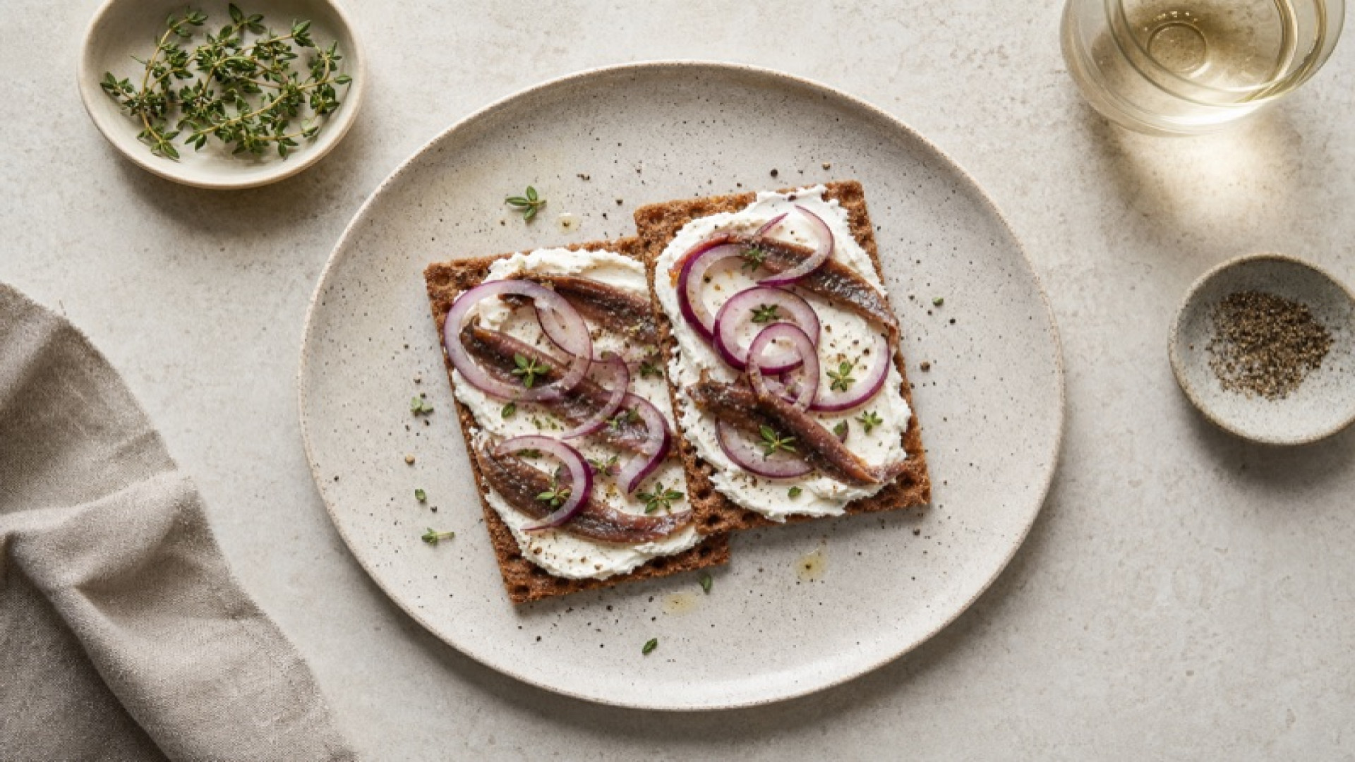 Roggenknäckebrot mit Frischkäse, Sardellen und roten Zwiebeln