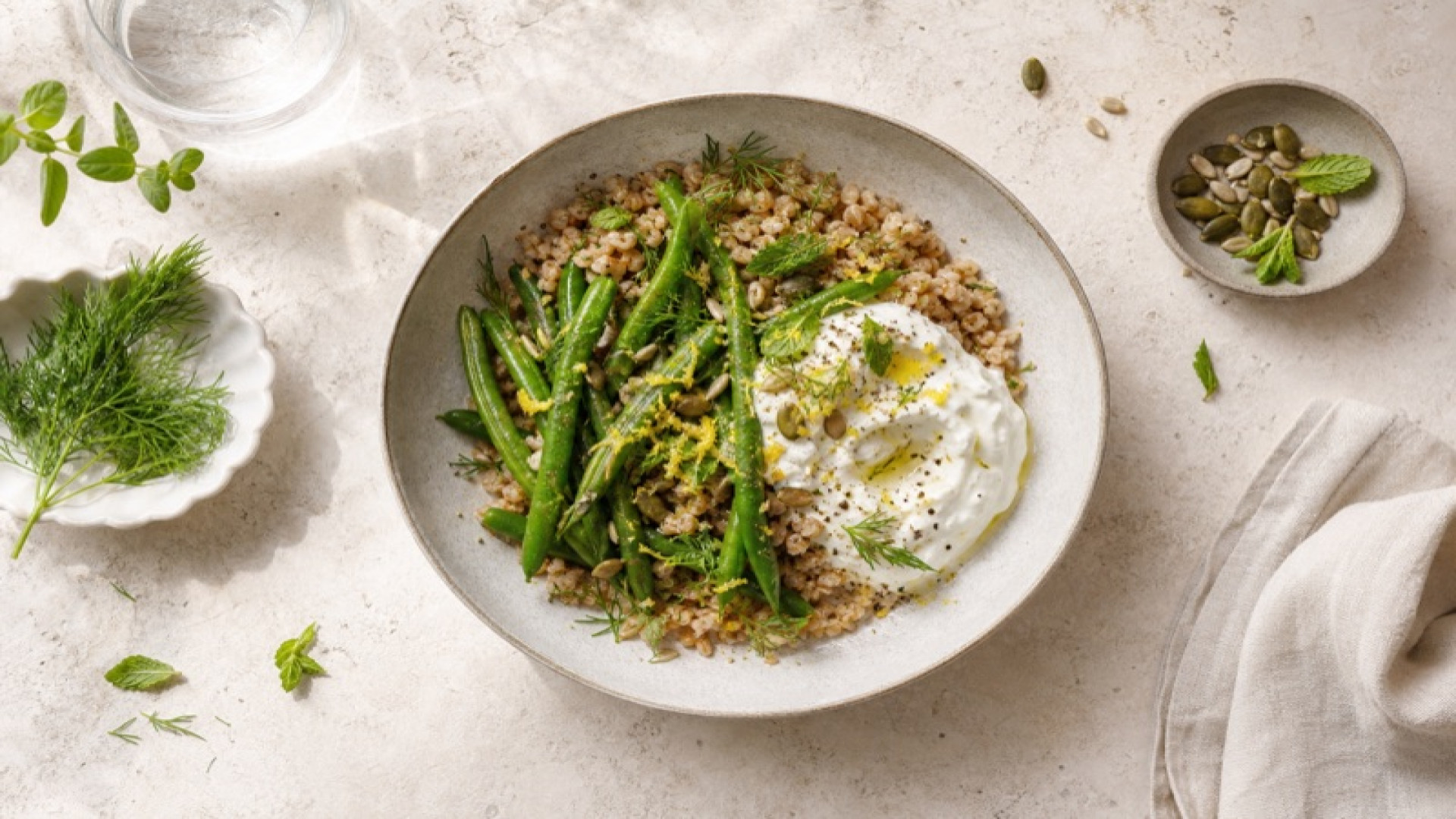 Roggen-Vollkornschrot-Bowl mit Wachsbohnen und Zitronen-Joghurt