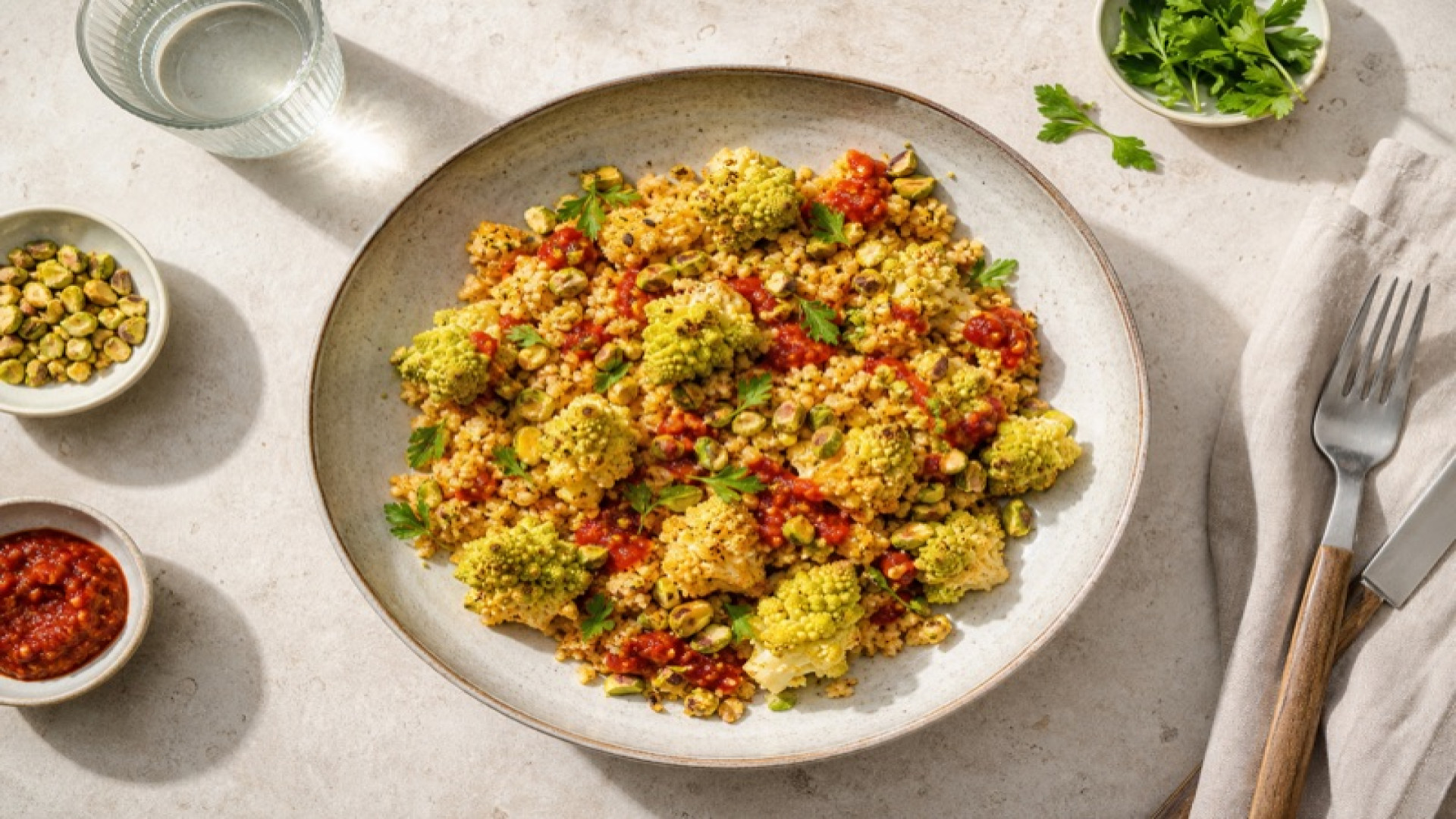 Romanesco-Bulgur mit Harissa und Pistazien