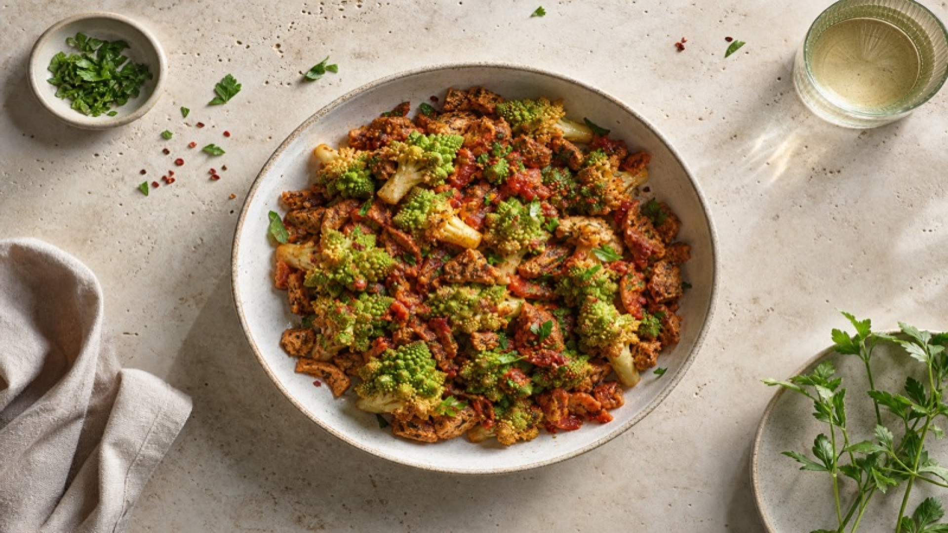 Romanesco-Pfanne mit Soja-Schnetzeln und Tomatenmark