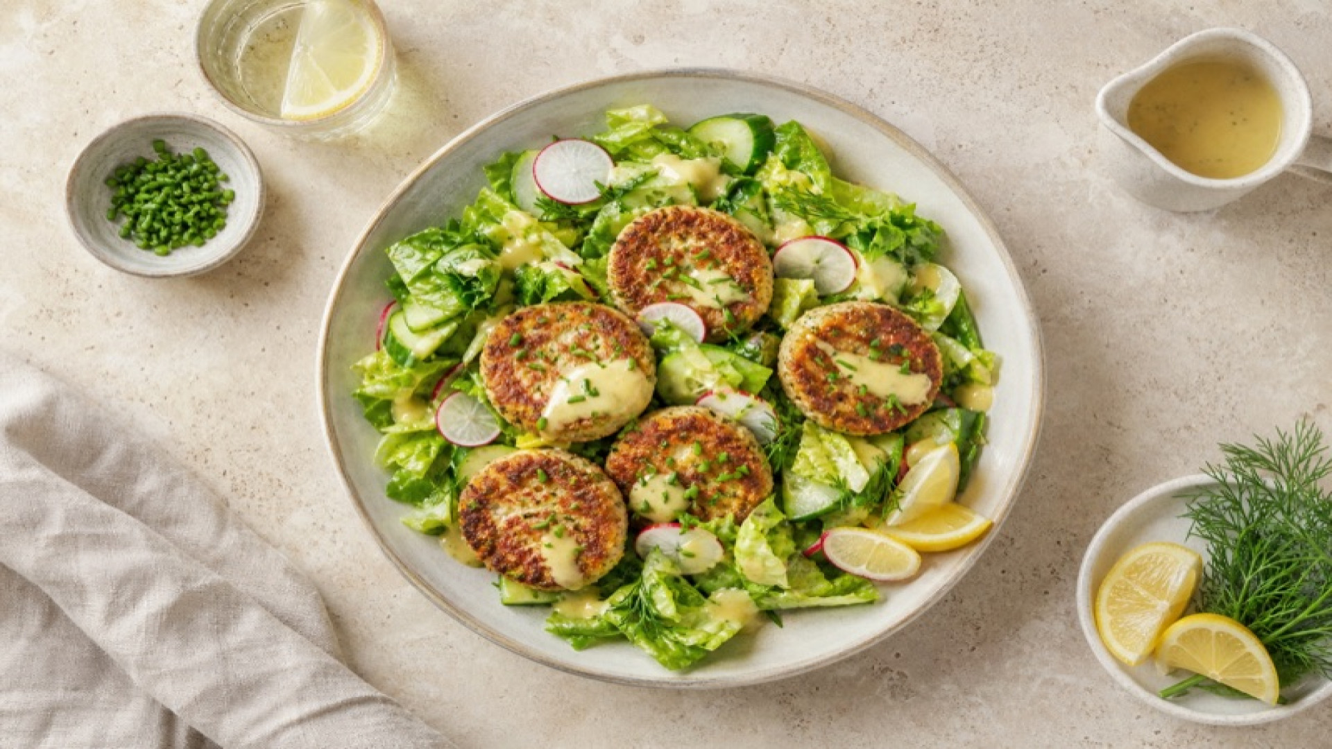 Romasalat mit gebratenen Tofu-Bratlingen und Zitronen-Senf-Dressing