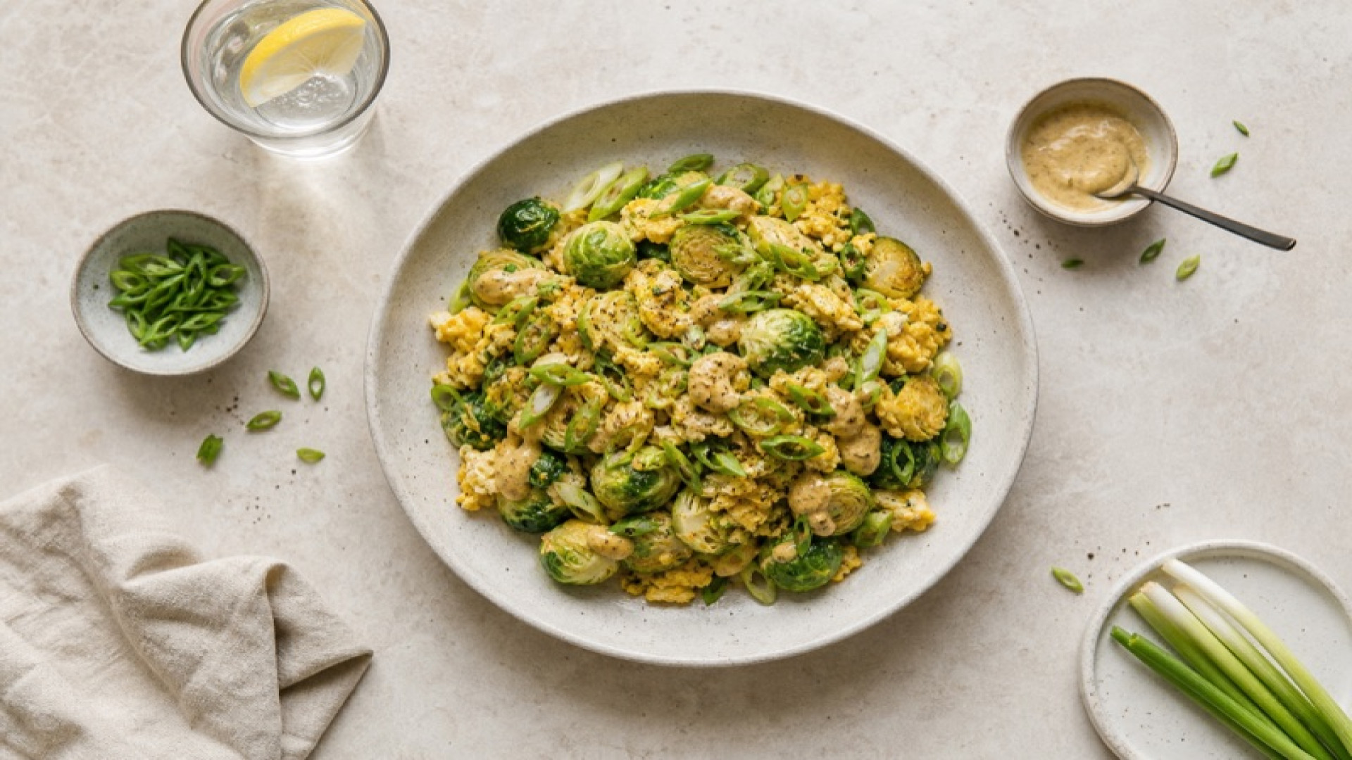 Rosenkohl-Ei-Pfanne mit Senf und Frühlingszwiebeln
