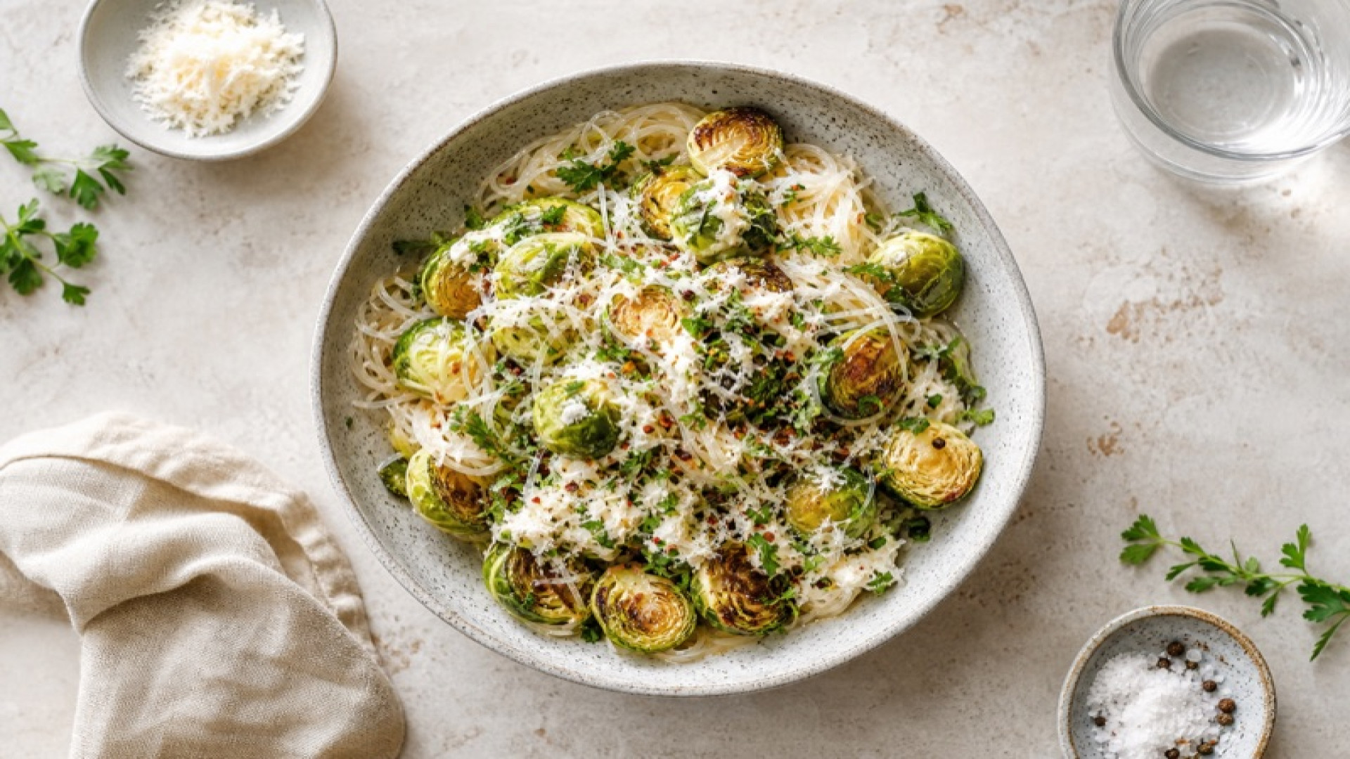 Rosenkohl-Glasnudel-Bowl mit Meerrettich