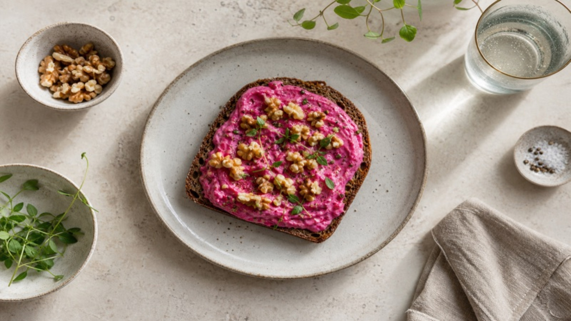 Rote-Bete-Frischkäse auf Roggenbrot mit Walnüssen