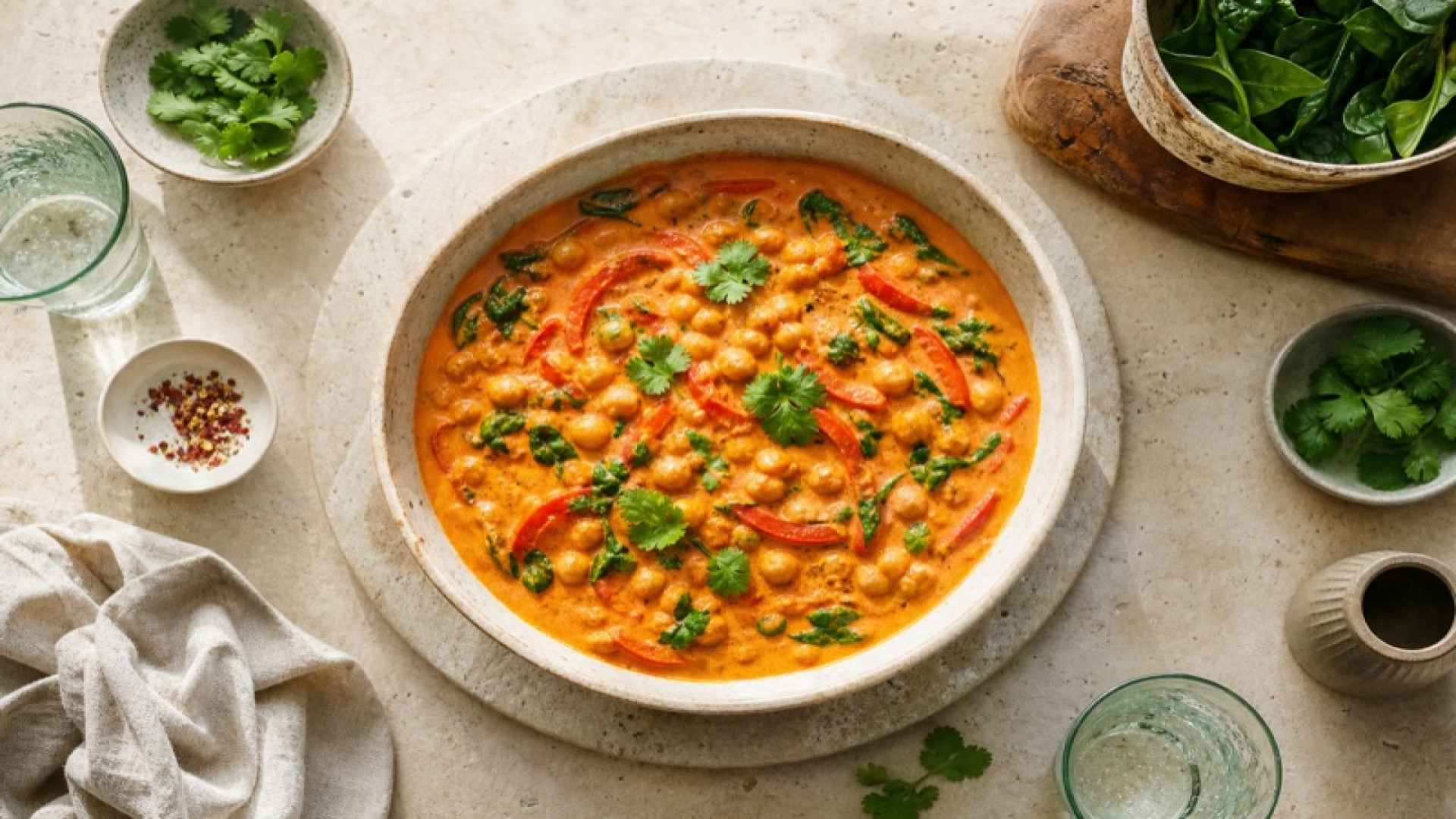 Rote Curry-Kokosmilch-Pfanne mit Kichererbsen
