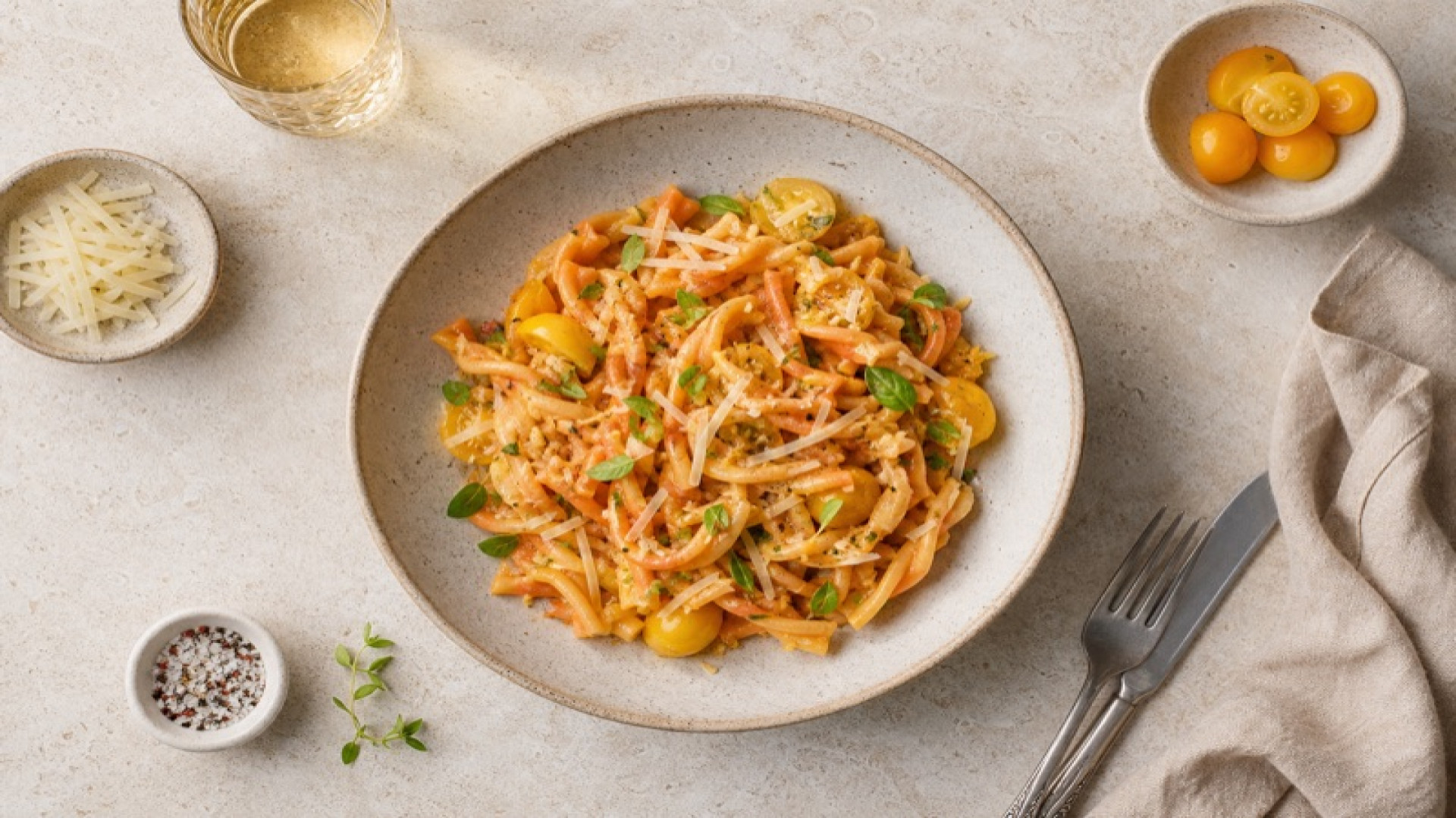 Rote-Linsen-Pasta mit gelben Kirschtomaten und Schnittkäse