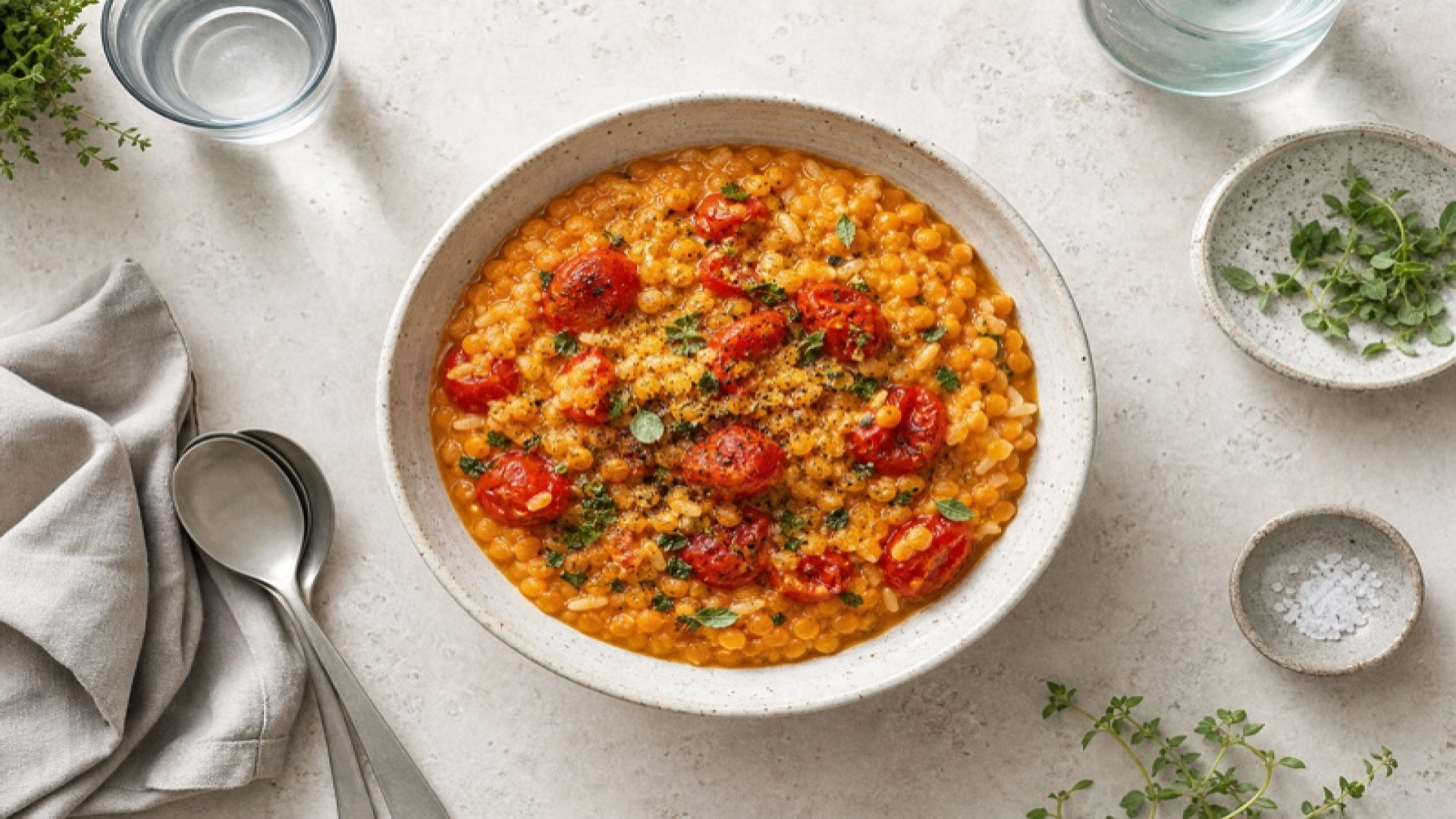 Rote-Linsen-Reis-Eintopf mit geschmorten Tomaten