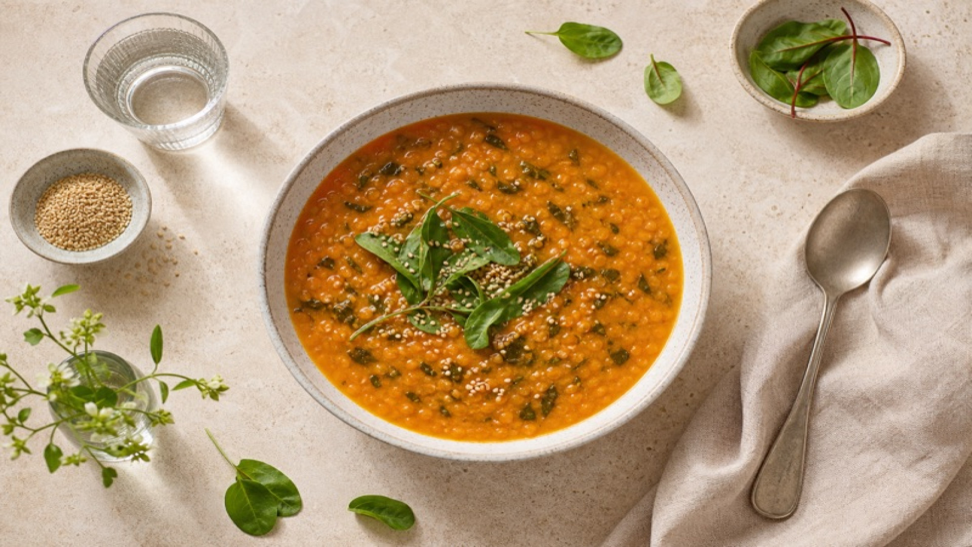 Rote-Linsen-Suppe mit Sauerampfer und geröstetem Sesam