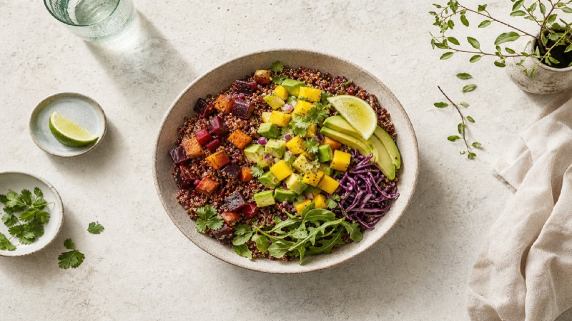 Rote-Quinoa-Bowl mit Mango-Avocado-Salsa und Limette