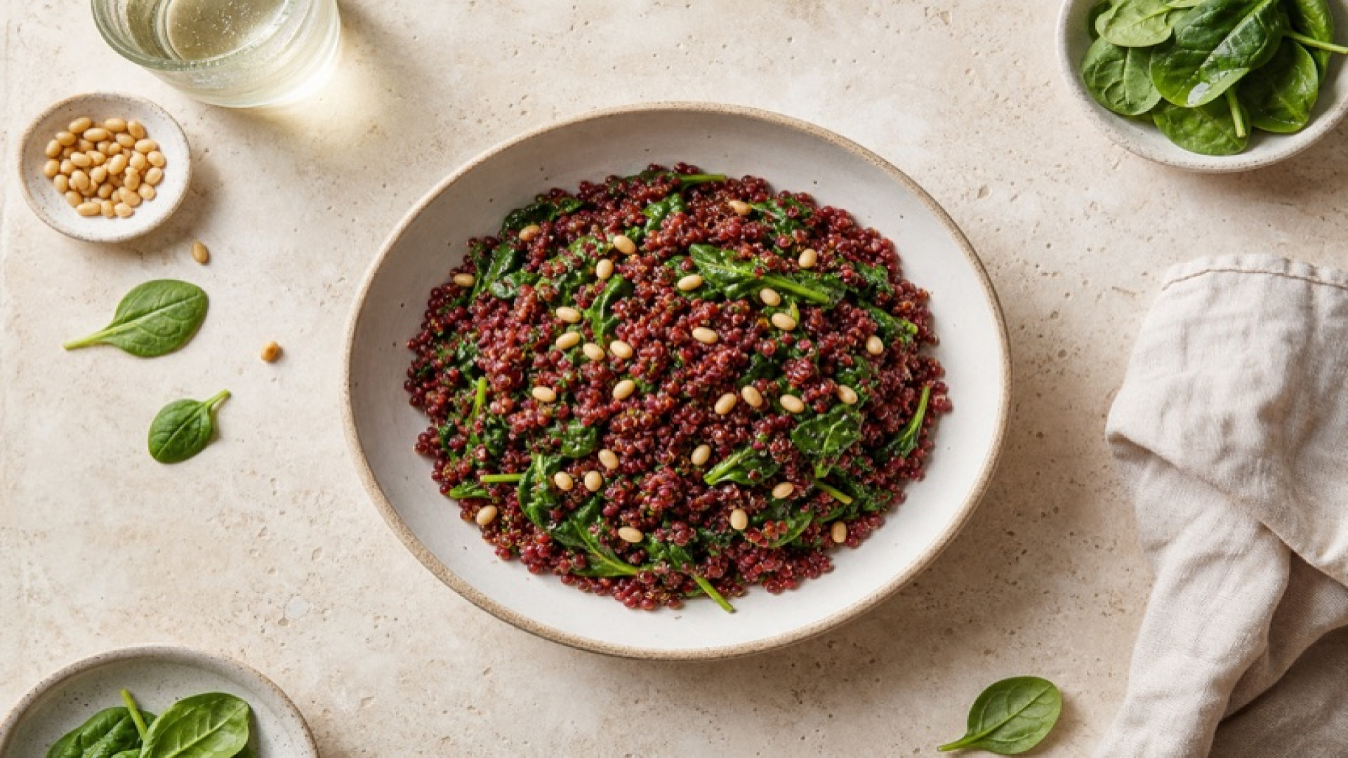 Rote Quinoa-Bowl mit Spinat und Pinienkernen