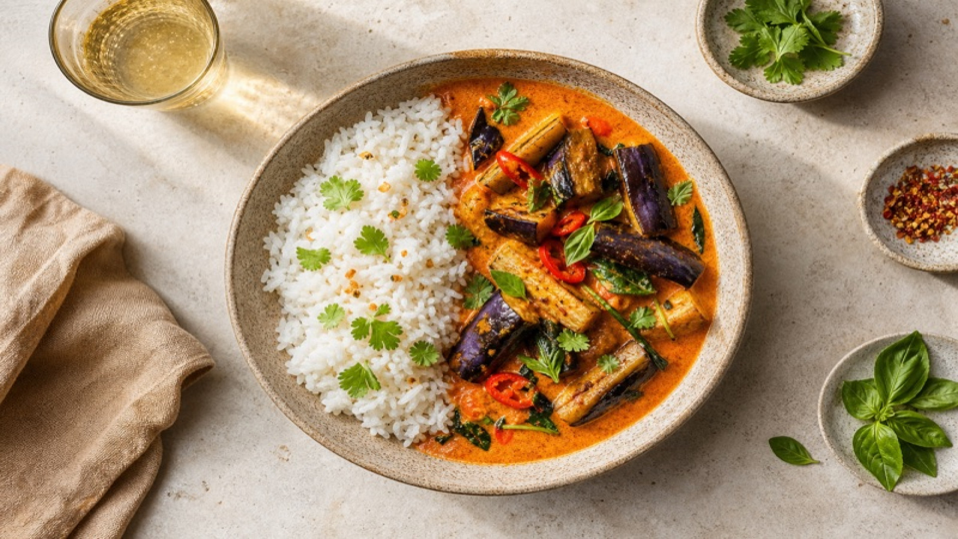 Rotes Curry mit Aubergine und Kokos-Reis
