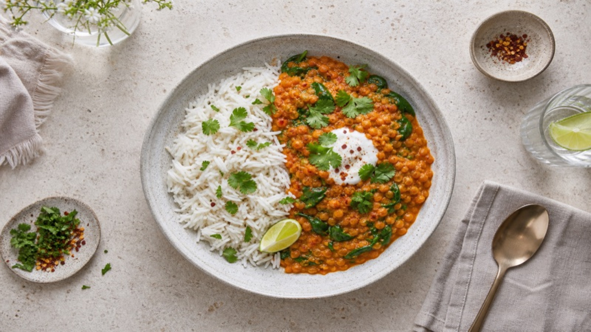 Rotes Linsen-Curry mit Basmatireis und Spinat