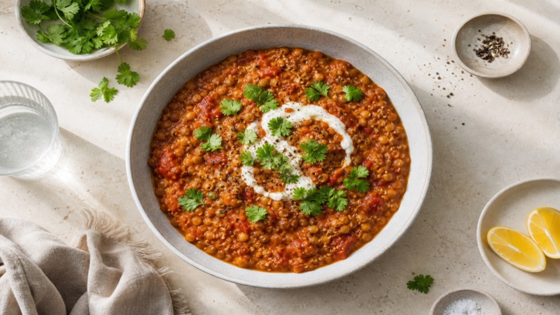 Rotes Quinoa-Linsen-Dal mit Dosentomaten