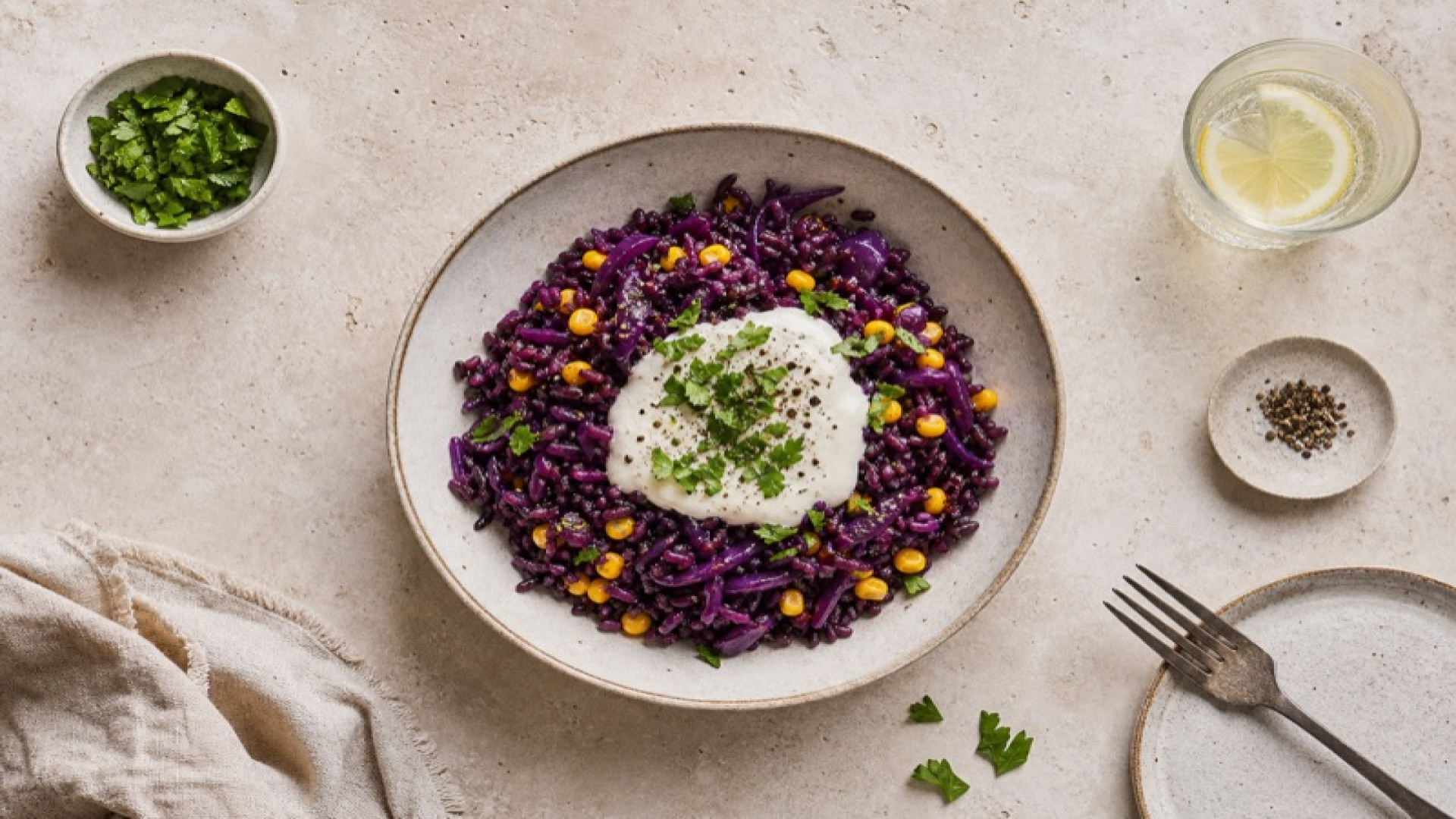 Rotkohl-Reis-Pfanne mit Mais und Soja-Joghurt-Topping