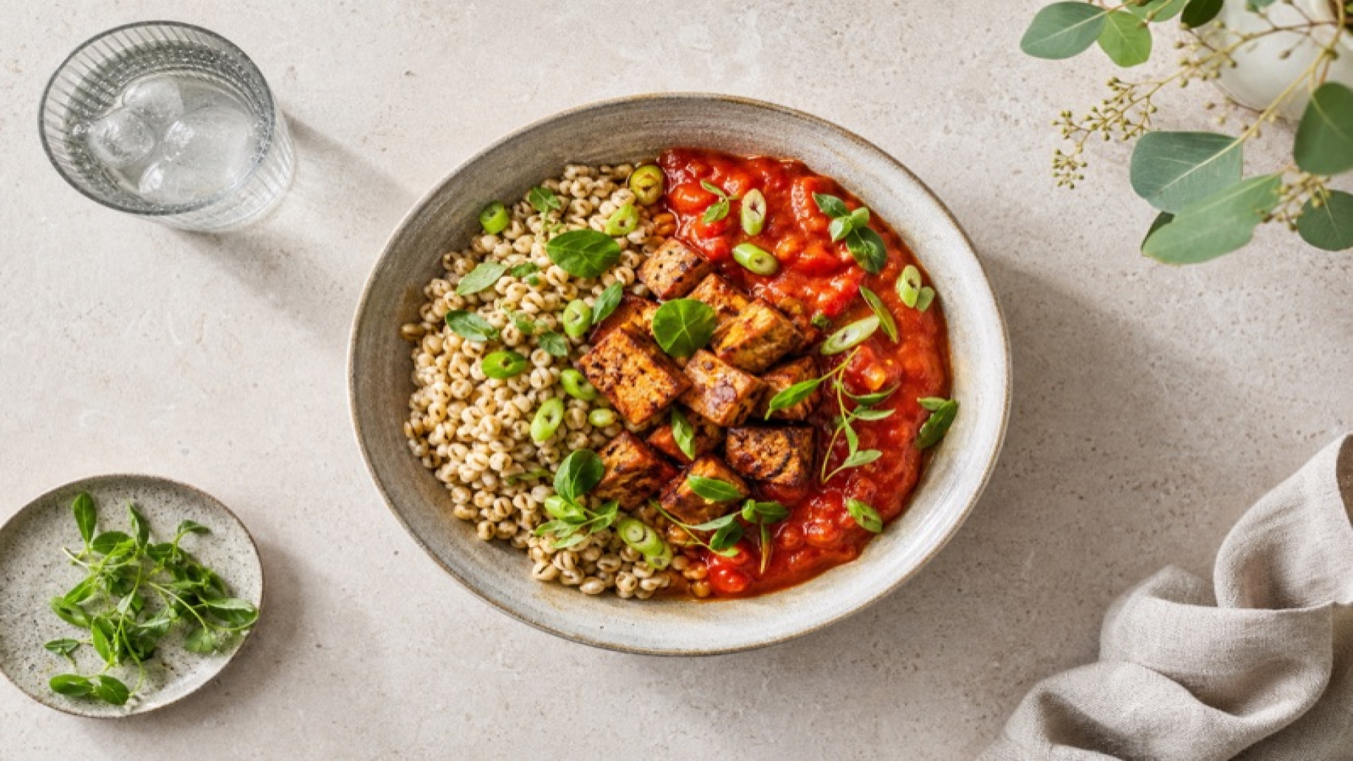 Räuchertofu-Bowl mit Gerste und Passierter Tomate