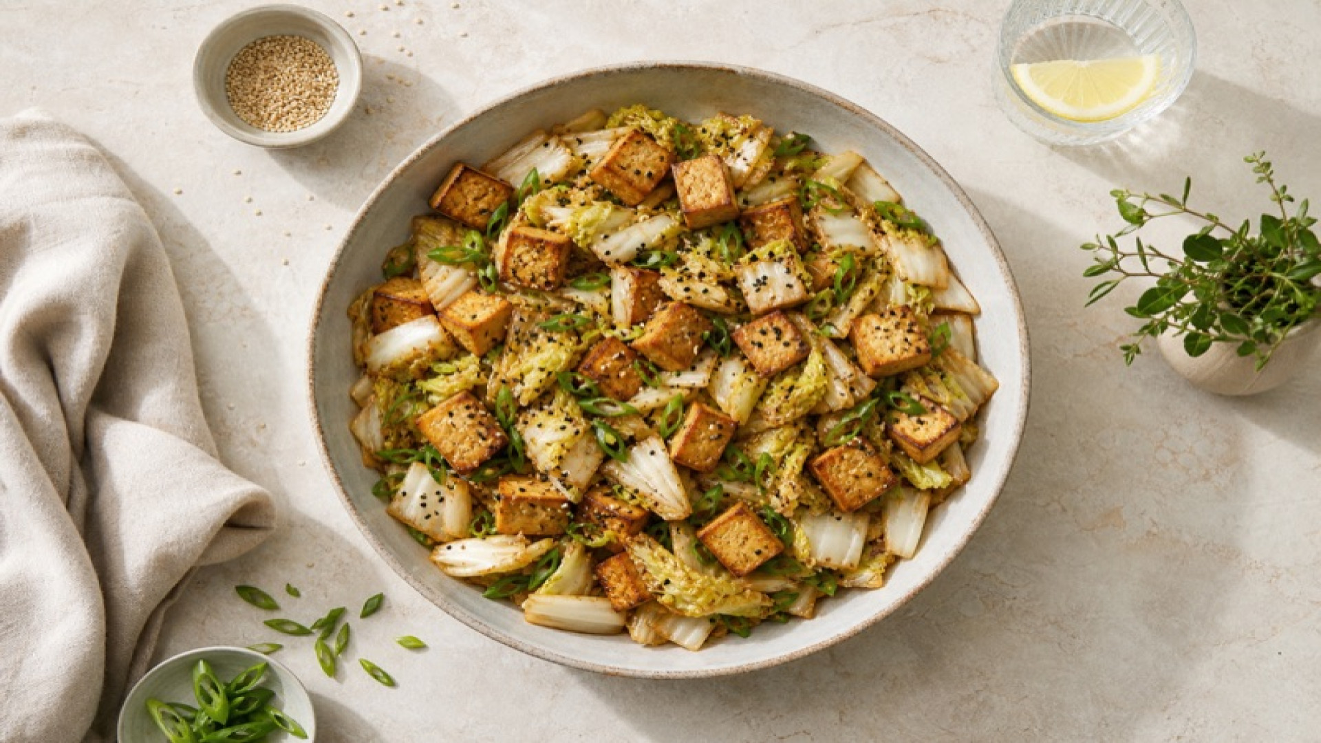 Räuchertofu-Pfanne mit Chinakohl und Sesam
