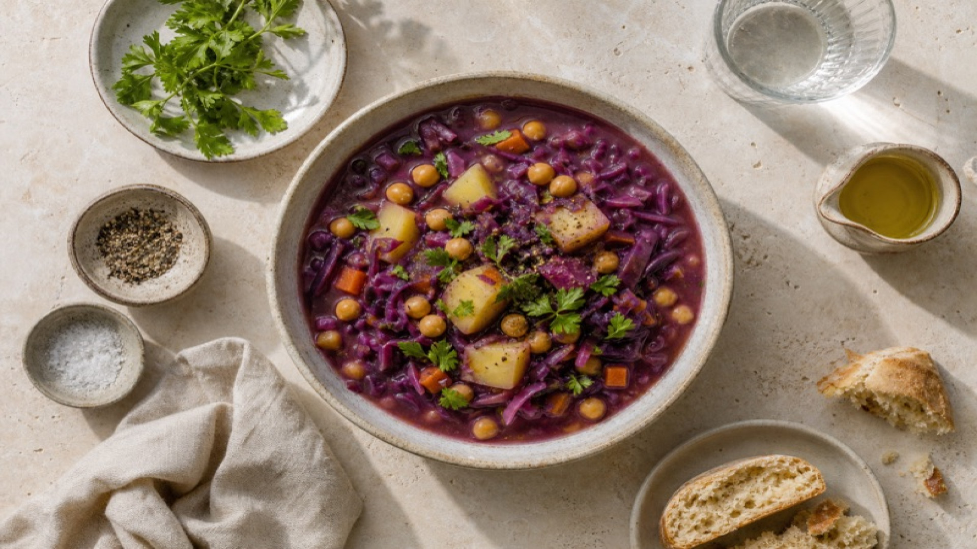 Rustikaler Kartoffel-Rotkohl-Eintopf mit Kichererbsen