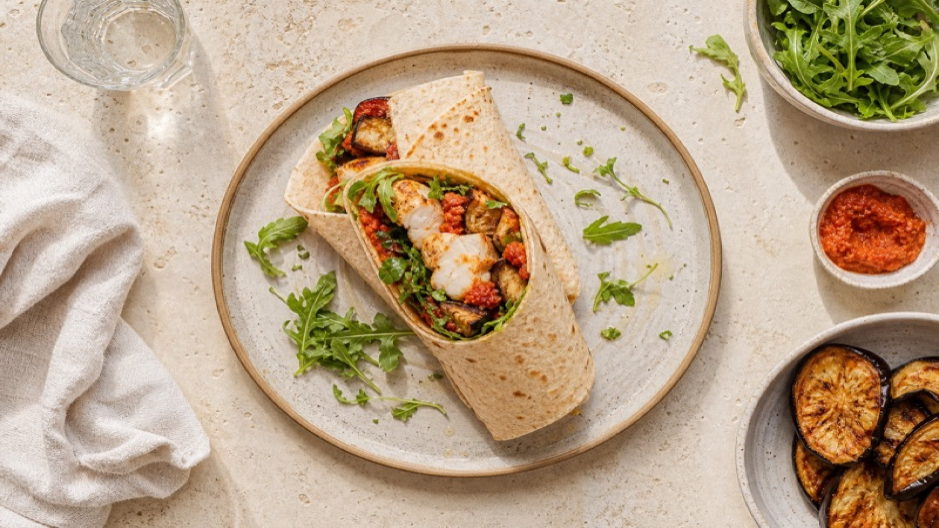 Saftiger Heilbutt-Wrap mit Aubergine und Tomatenmark