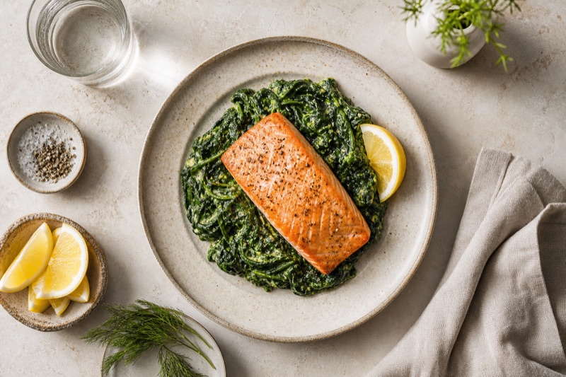 Saftiger Lachs-Teller mit gebackenem Spinat und Zitrone