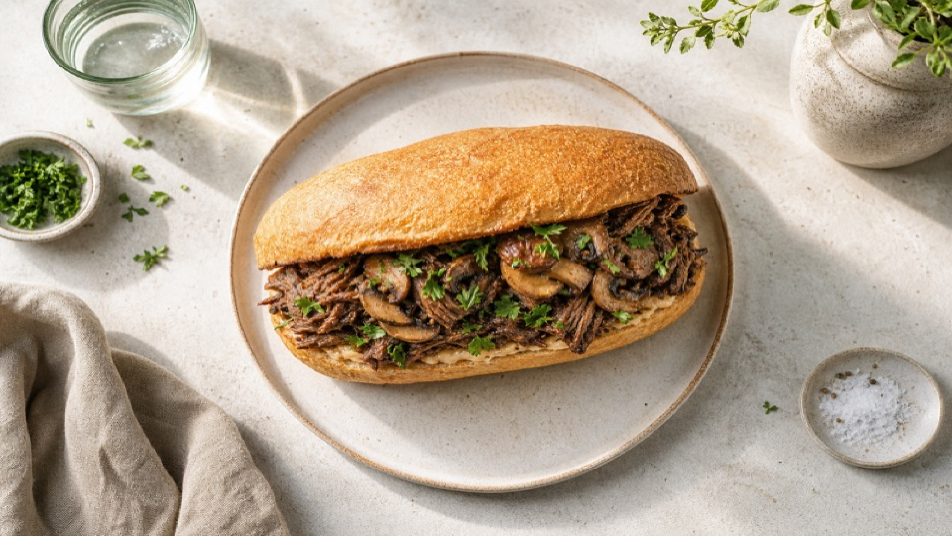 Saftiger Rinderbug-Sandwich mit Champignons und Petersilie