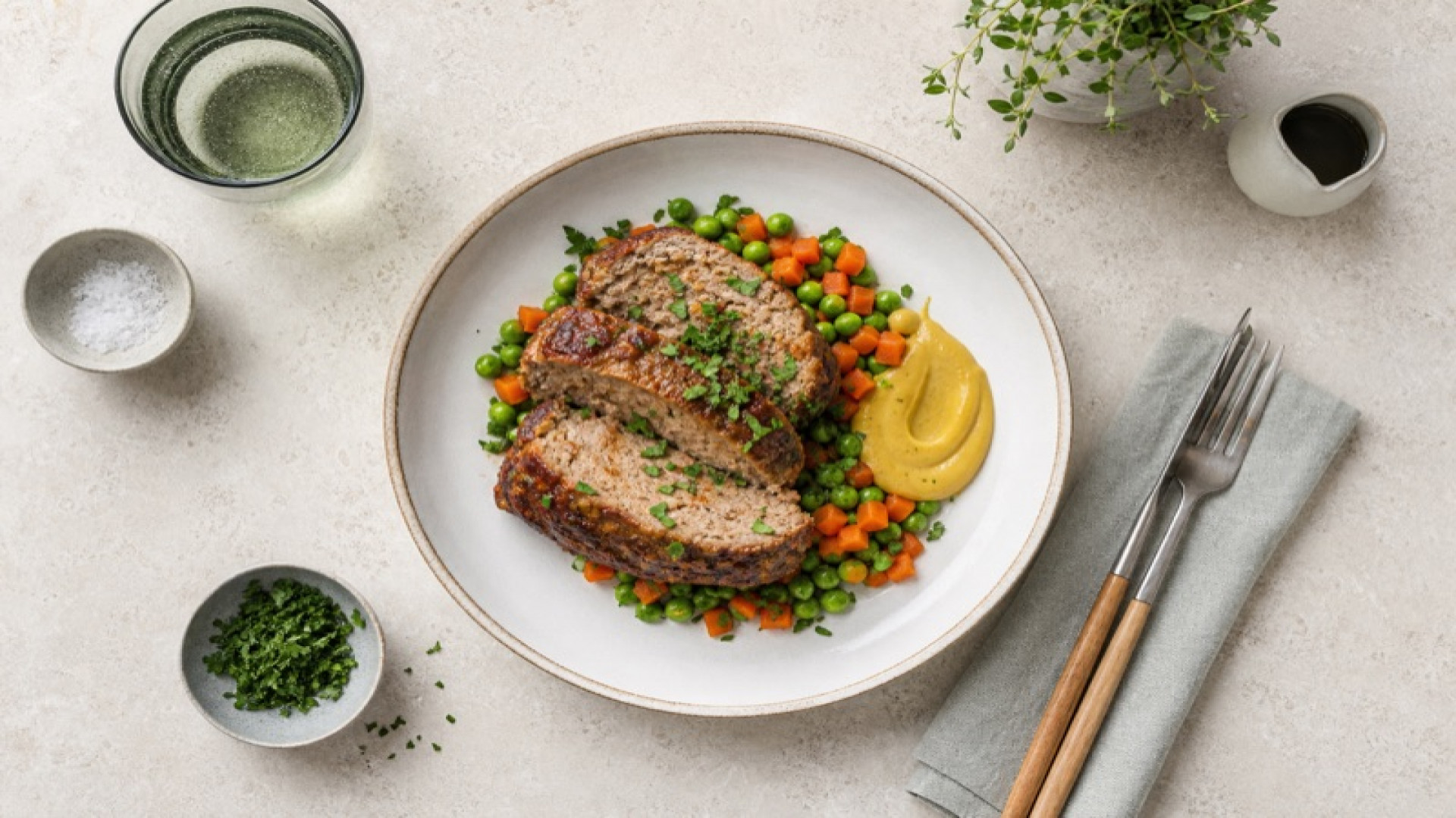 Saftiger Schwein-Hackbraten mit Erbsen-Karotten und Senf