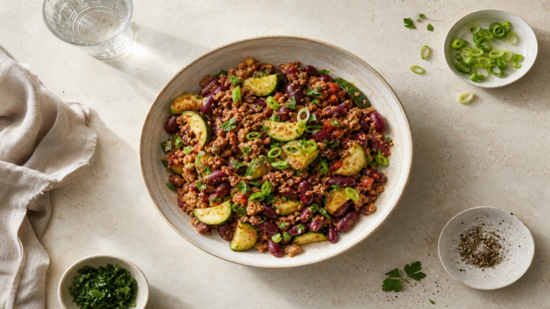 Saftiges Hackfleisch-Bowl mit Kidneybohnen und Zucchini