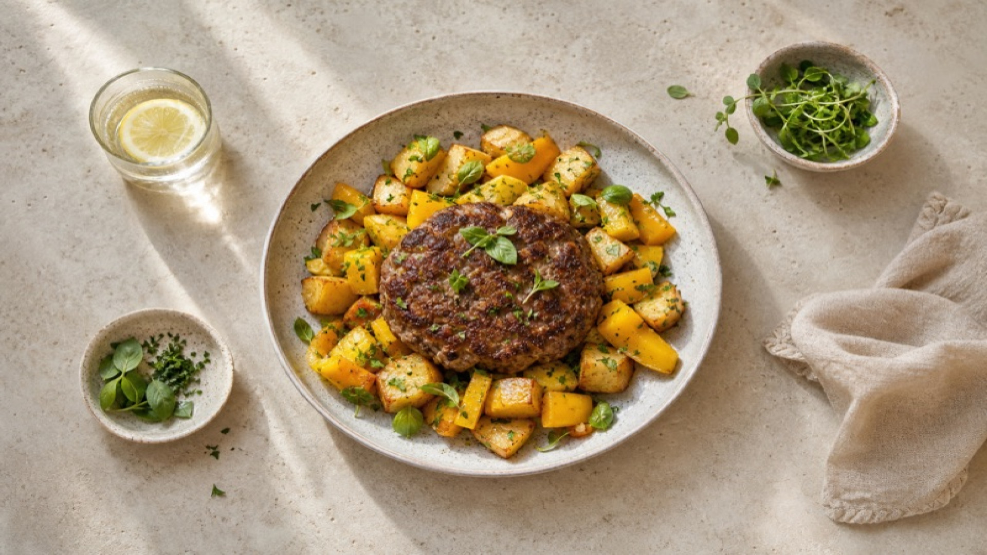 Saftiges Hacksteak mit gelber Paprika-Kartoffel-Bowl