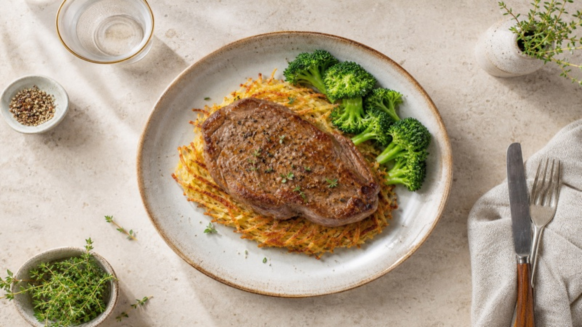Saftiges Kalbssteak auf Kartoffelrösti mit gedünstetem Broccoli