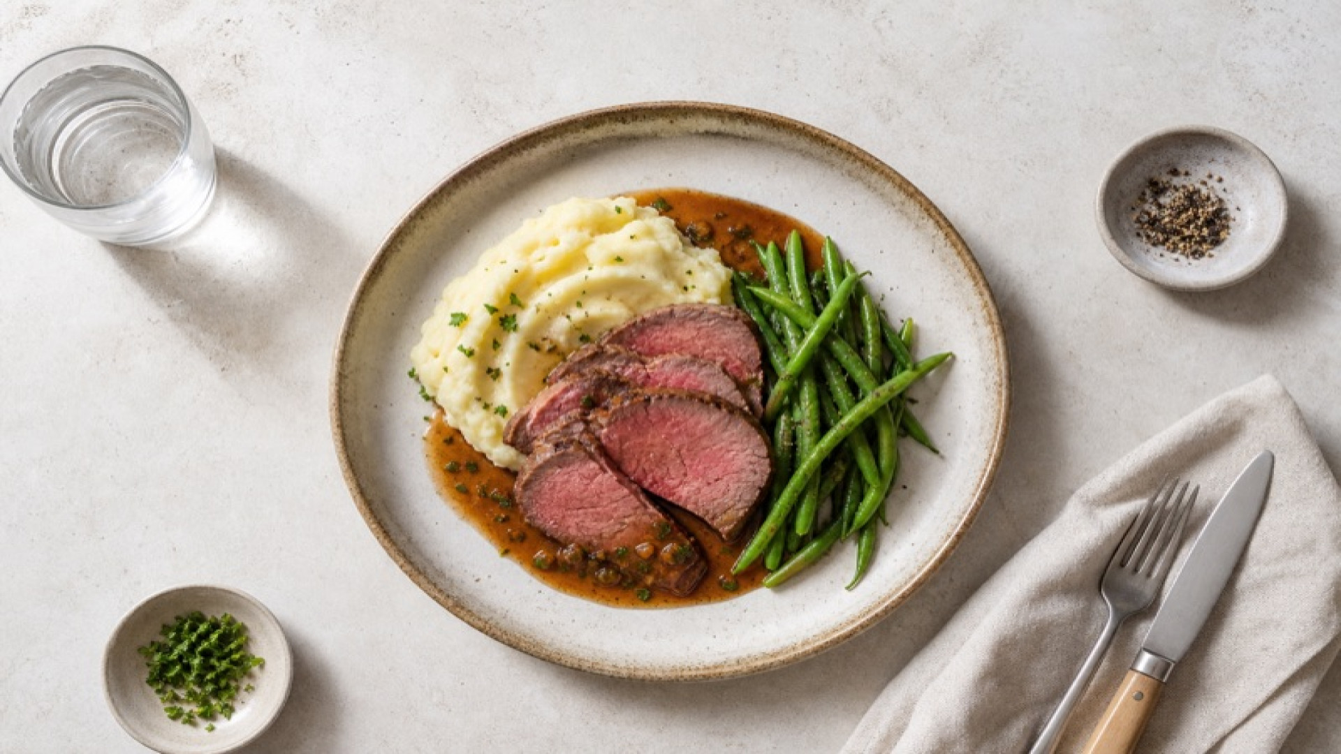 Saftiges Roastbeef mit Stampfkartoffeln und grünen Bohnen