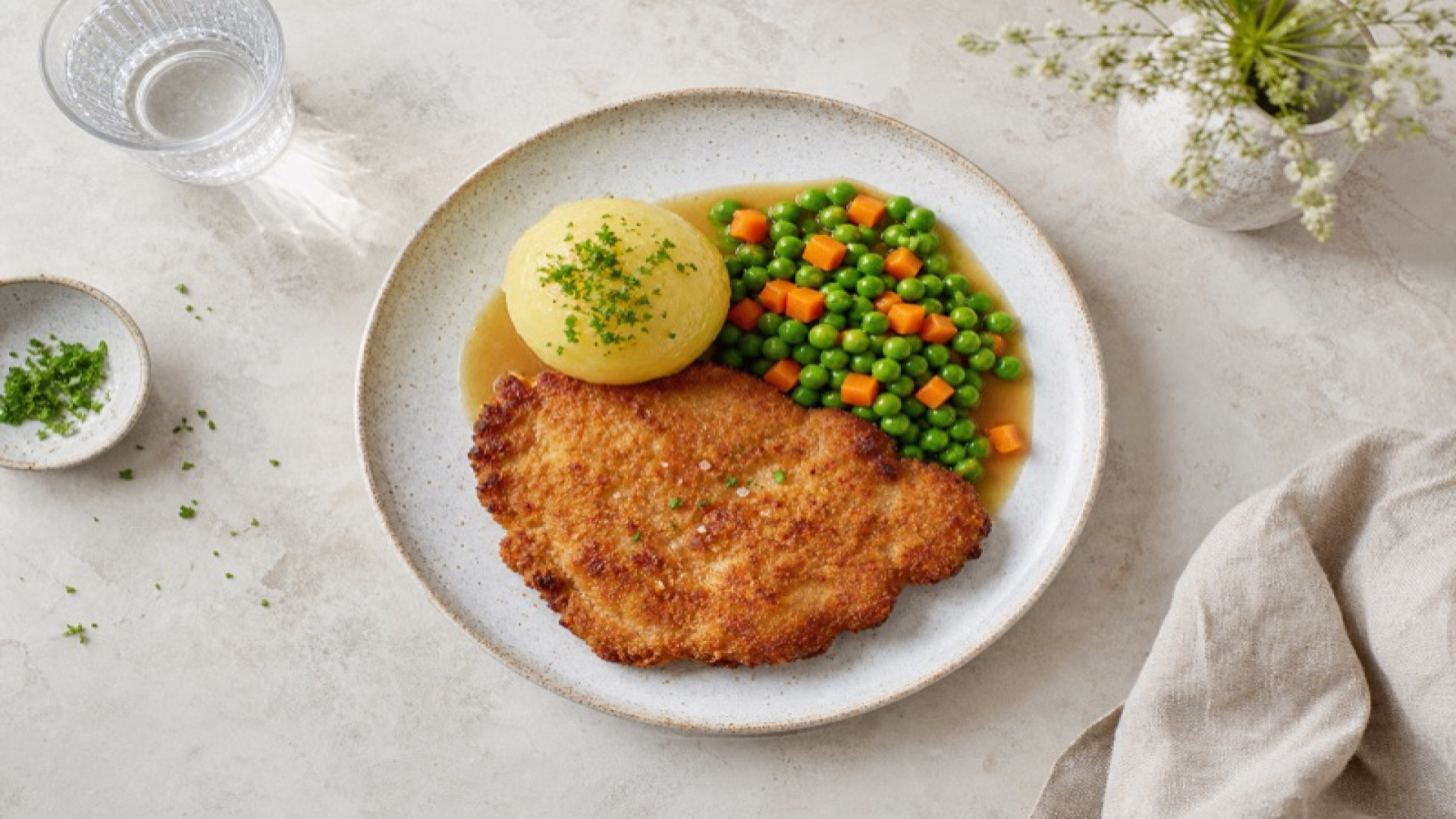 Saftiges Schweineschnitzel mit Erbsen-Karotten und Kartoffelkloß