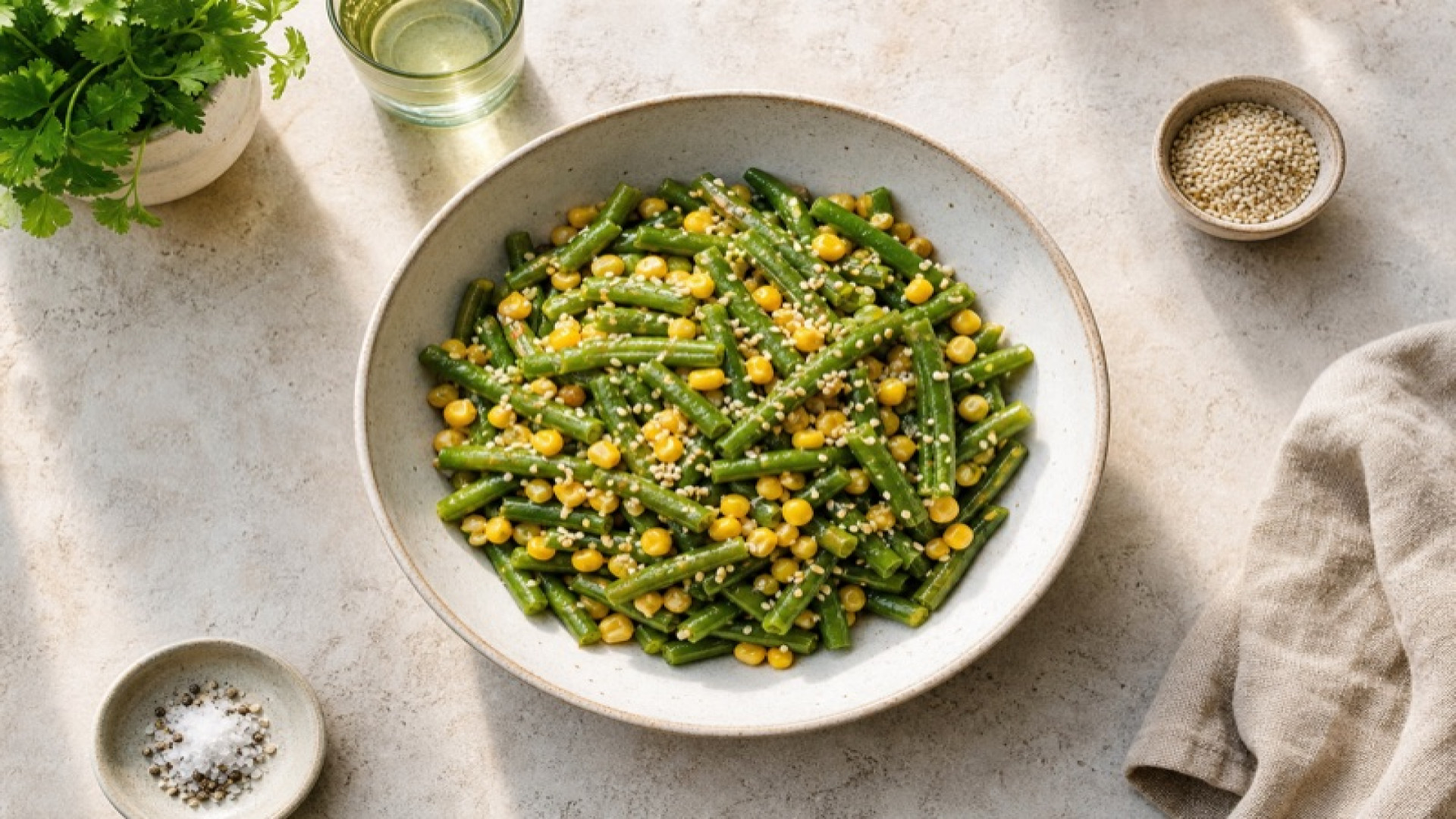 Salat mit grünen Bohnen und Mais, Sesam