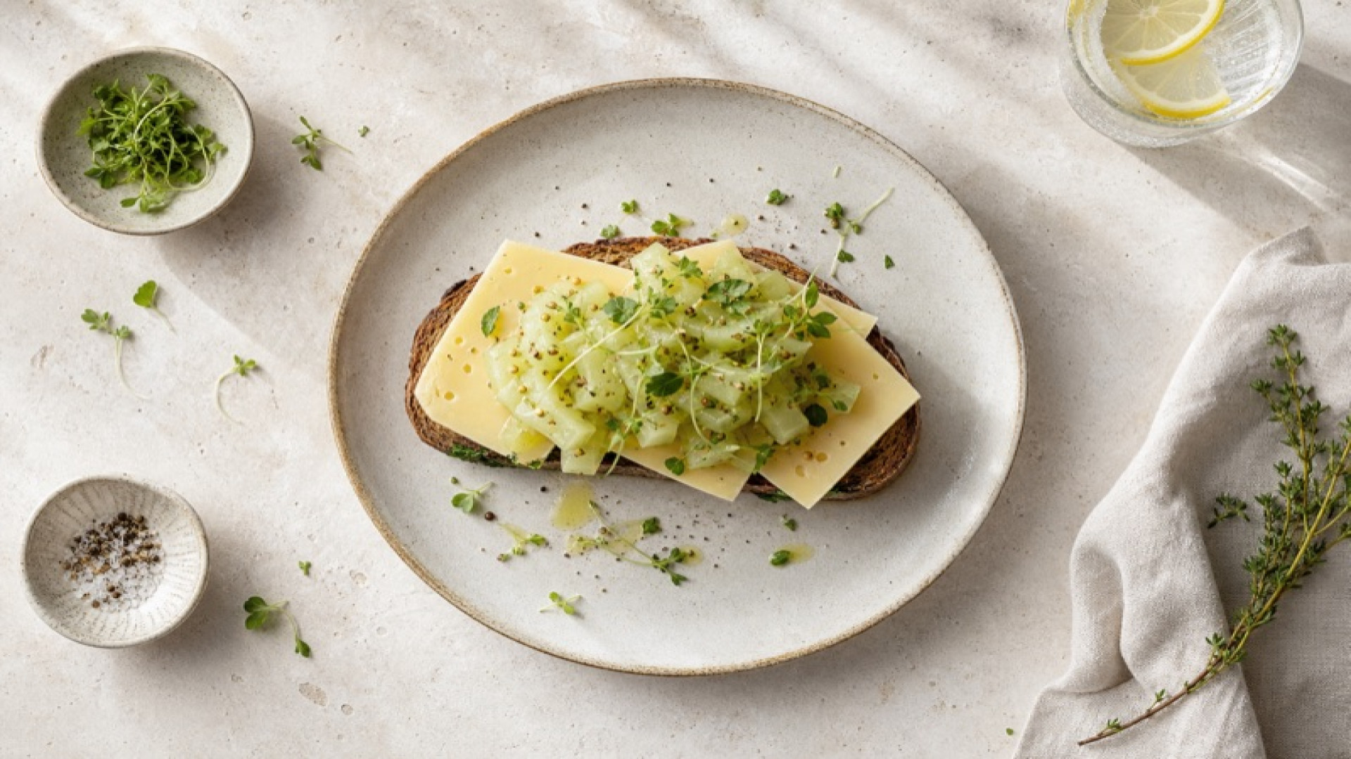 Salzlakenkäse-Stulle mit gedünstetem Kohlrabi