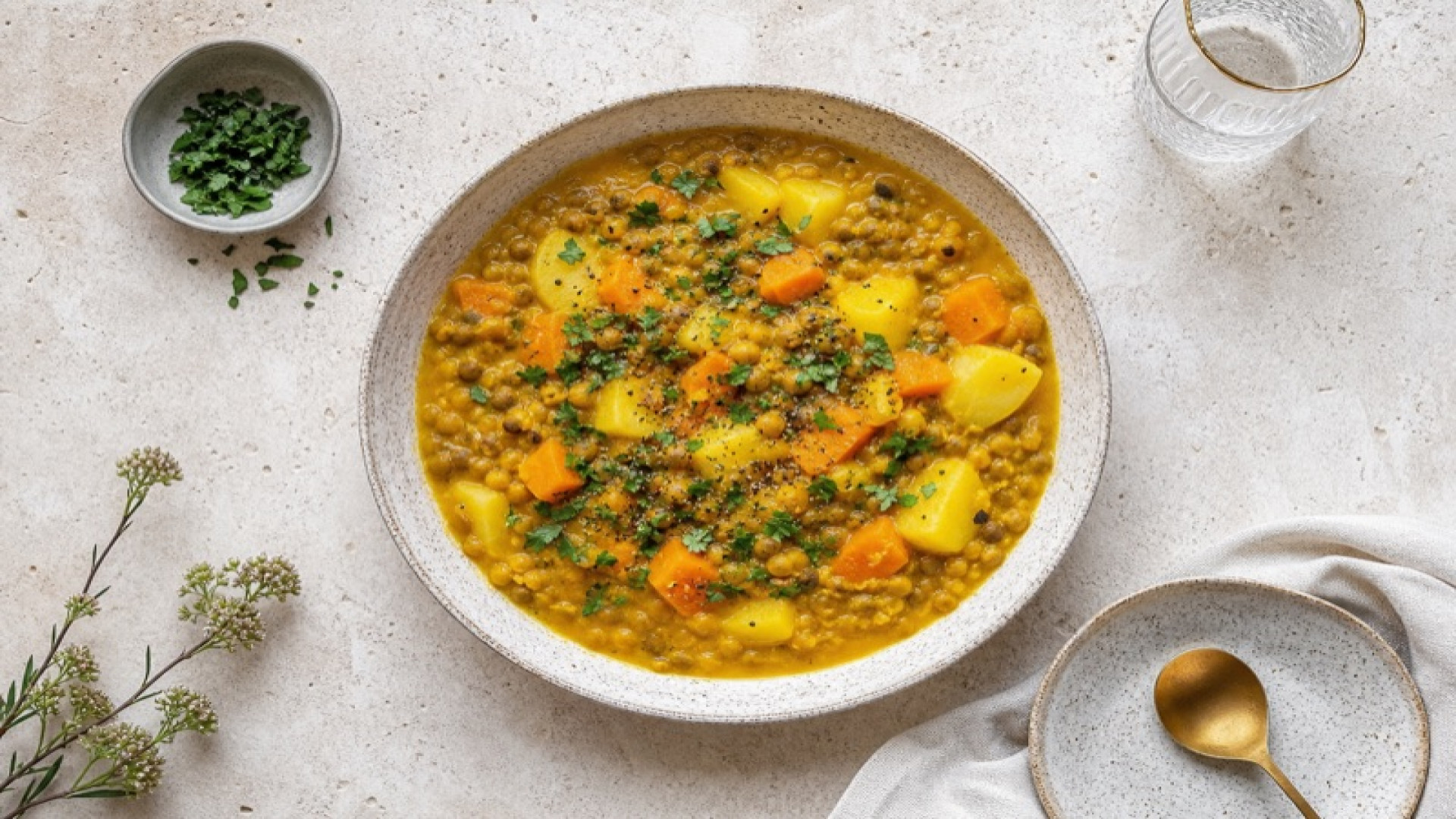 Samtiger Kartoffel-Linsen-Eintopf mit Kurkuma und Karotten