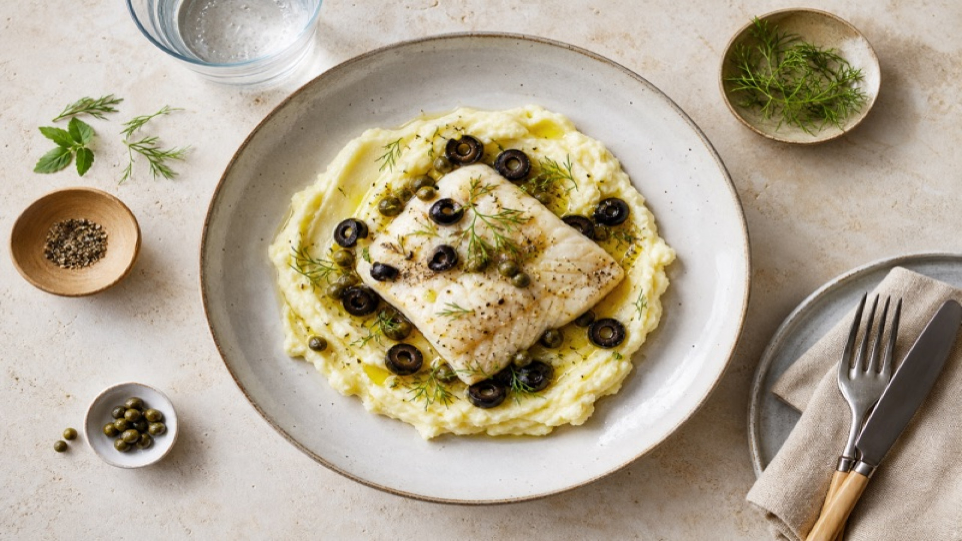 Samtiger Kartoffelstampf mit Pangasius und schwarzen Oliven