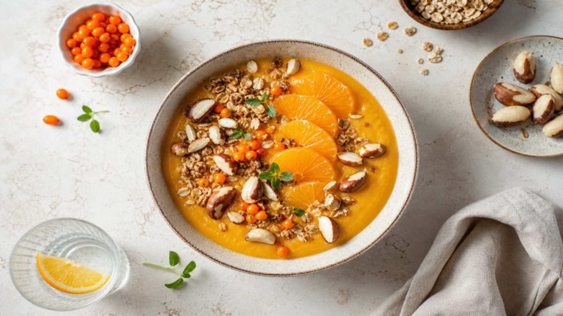 Sanddorn-Orangen-Bowl mit Müsli und Paranüssen